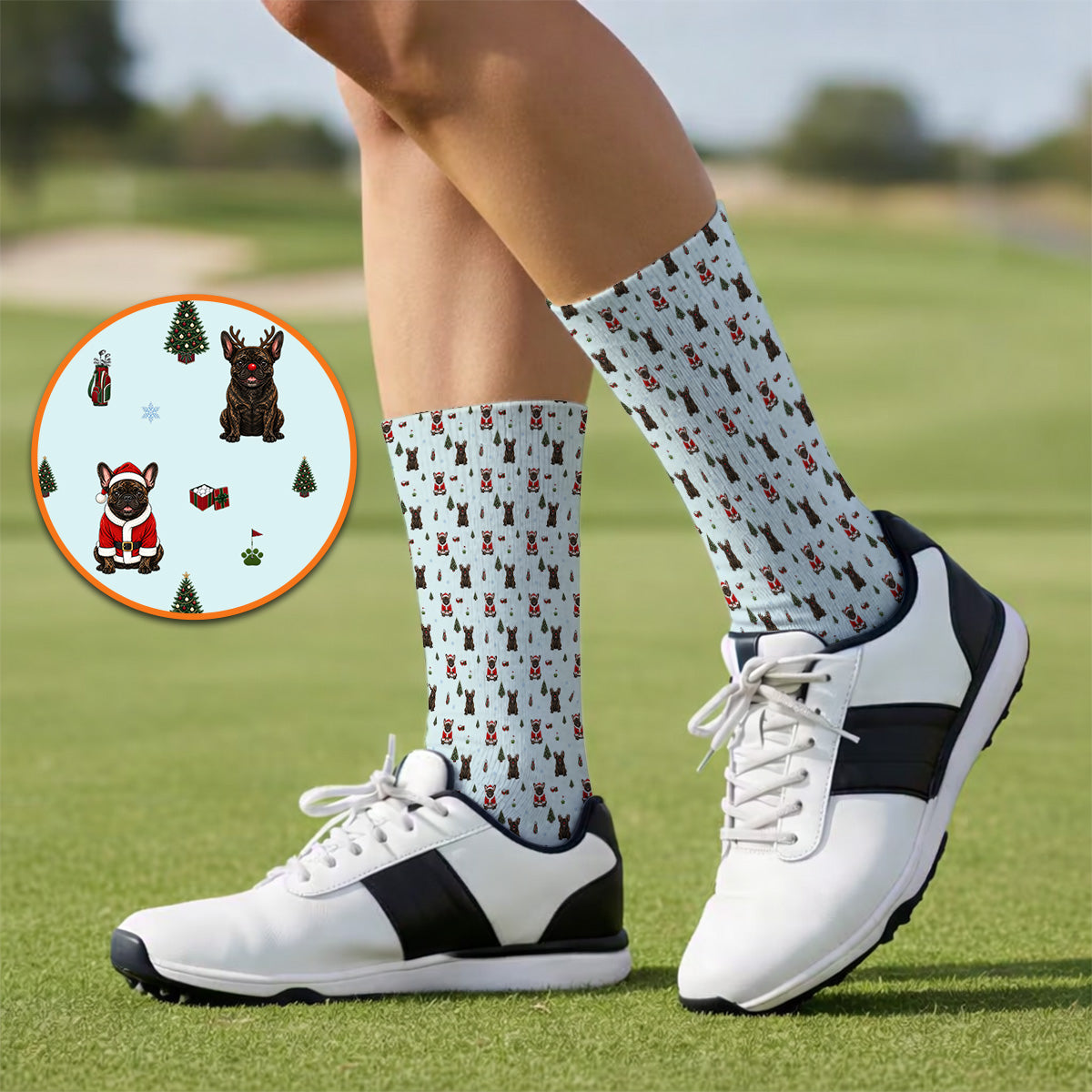 Reindeer French Bulldog Christmas Golf Socks, Festive Dog Holiday Pattern Golf Sock, Xmas Golf Gift for Golfers