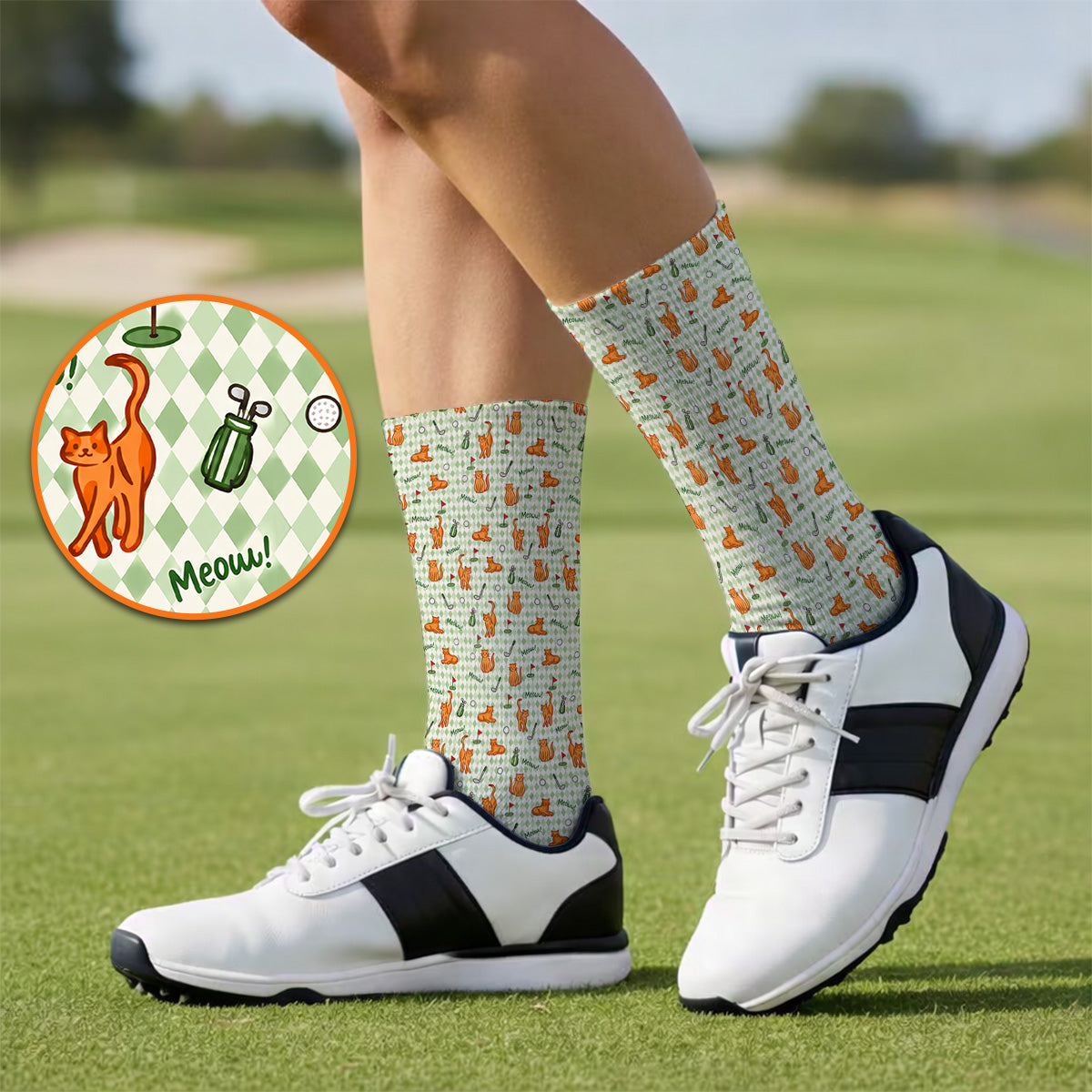 Cute Orange Cat Golf Socks, Meow Cat And Golf Pattern Sock, Funny Cat Golf Gift For Golfer