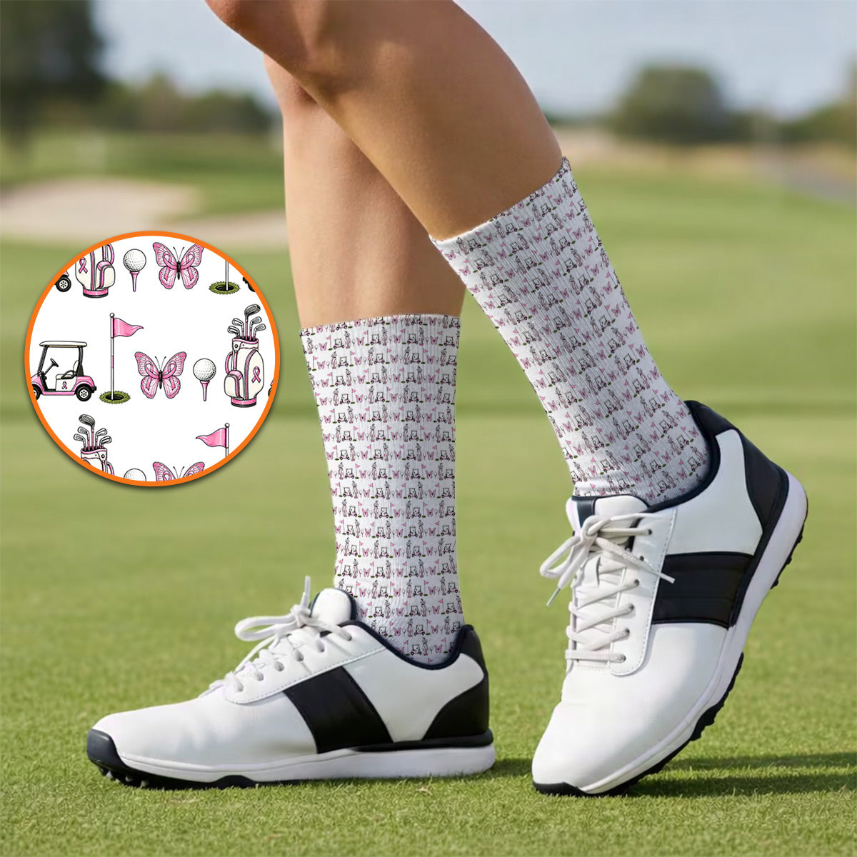 Pink Ribbon Fairway Golf Socks, Breast Cancer Support Golf Cart & Butterfly Pattern Sock, Awareness Gift for Golfers