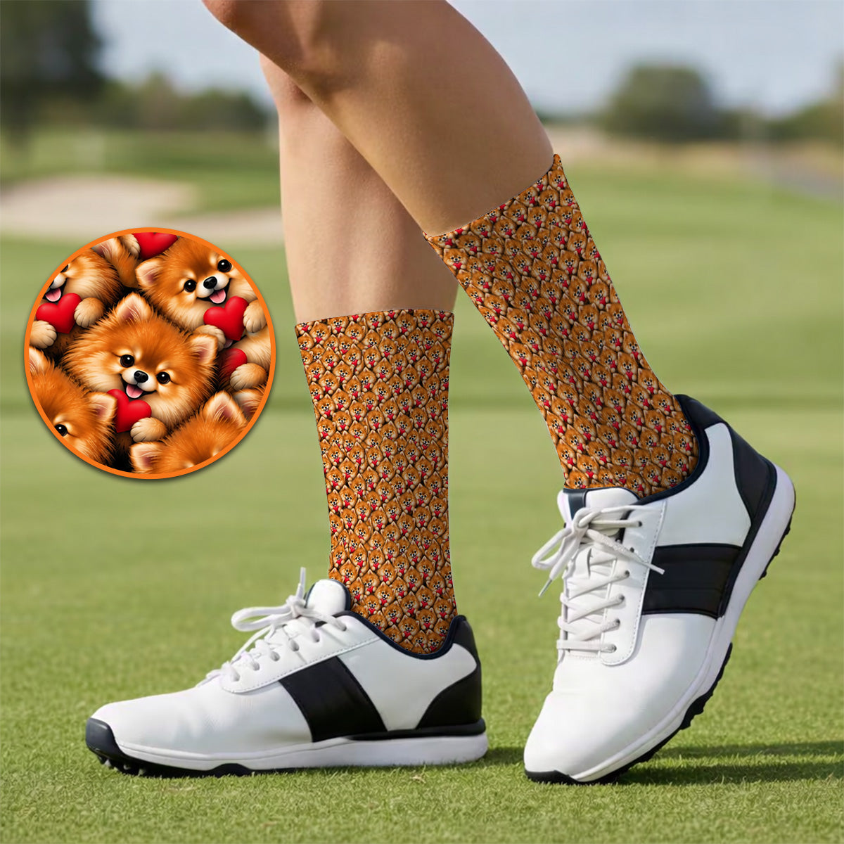 Cute Pomeranian Hearts Pattern Golf Socks, Funny Golf Sock For Dog Lovers, Golf Gift For Golfers