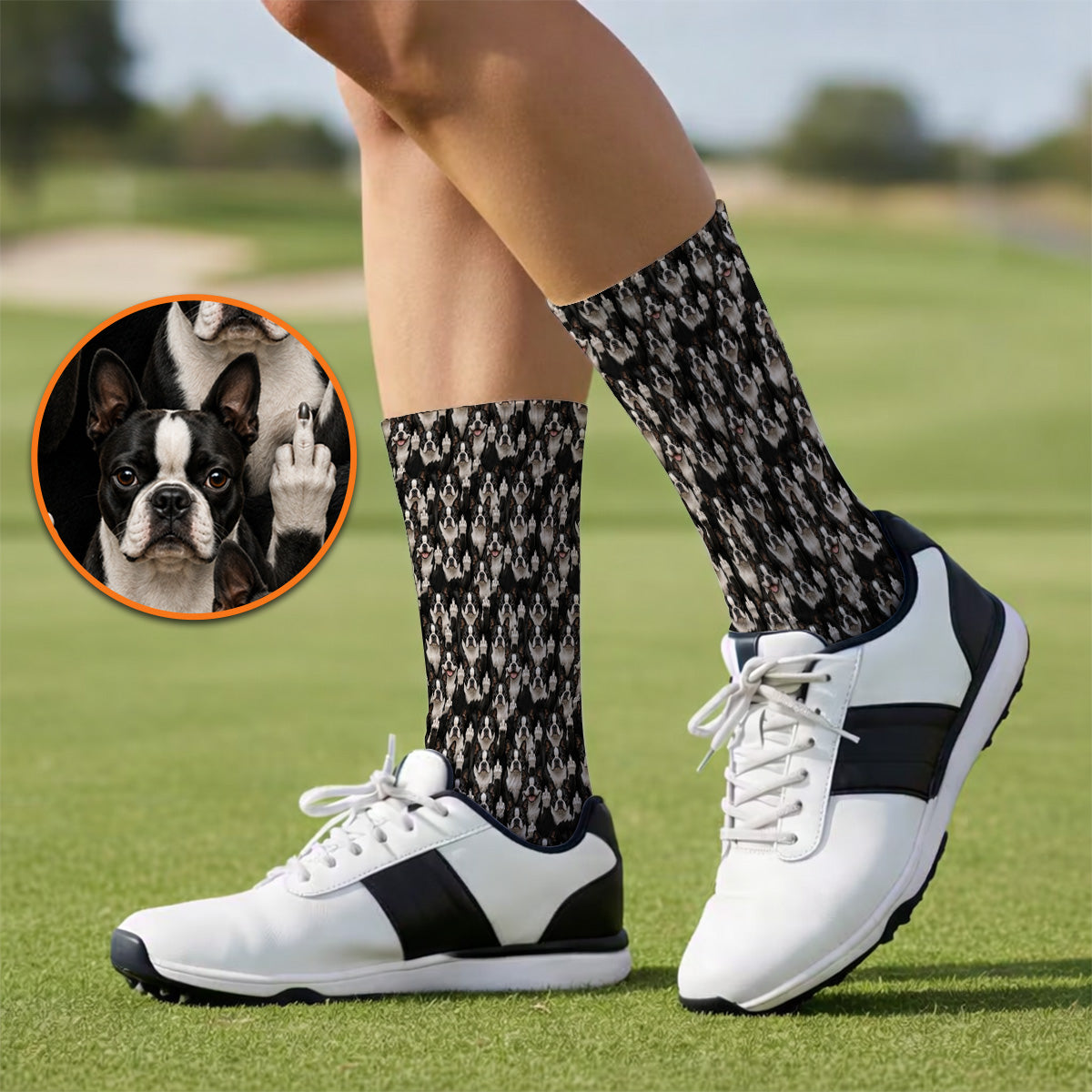 Boston Terrier Pattern Golf Socks, Funny Boston Terrier Golf Sock, Golf Gift For Golfer
