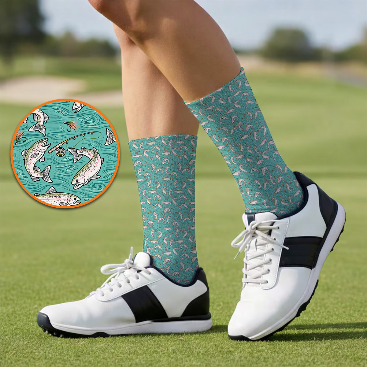 Crazy Rainbow Trout Pattern Golf Socks, Water Swirl Fish Golf Sock, Golf Gift For Trout Fishing Lovers