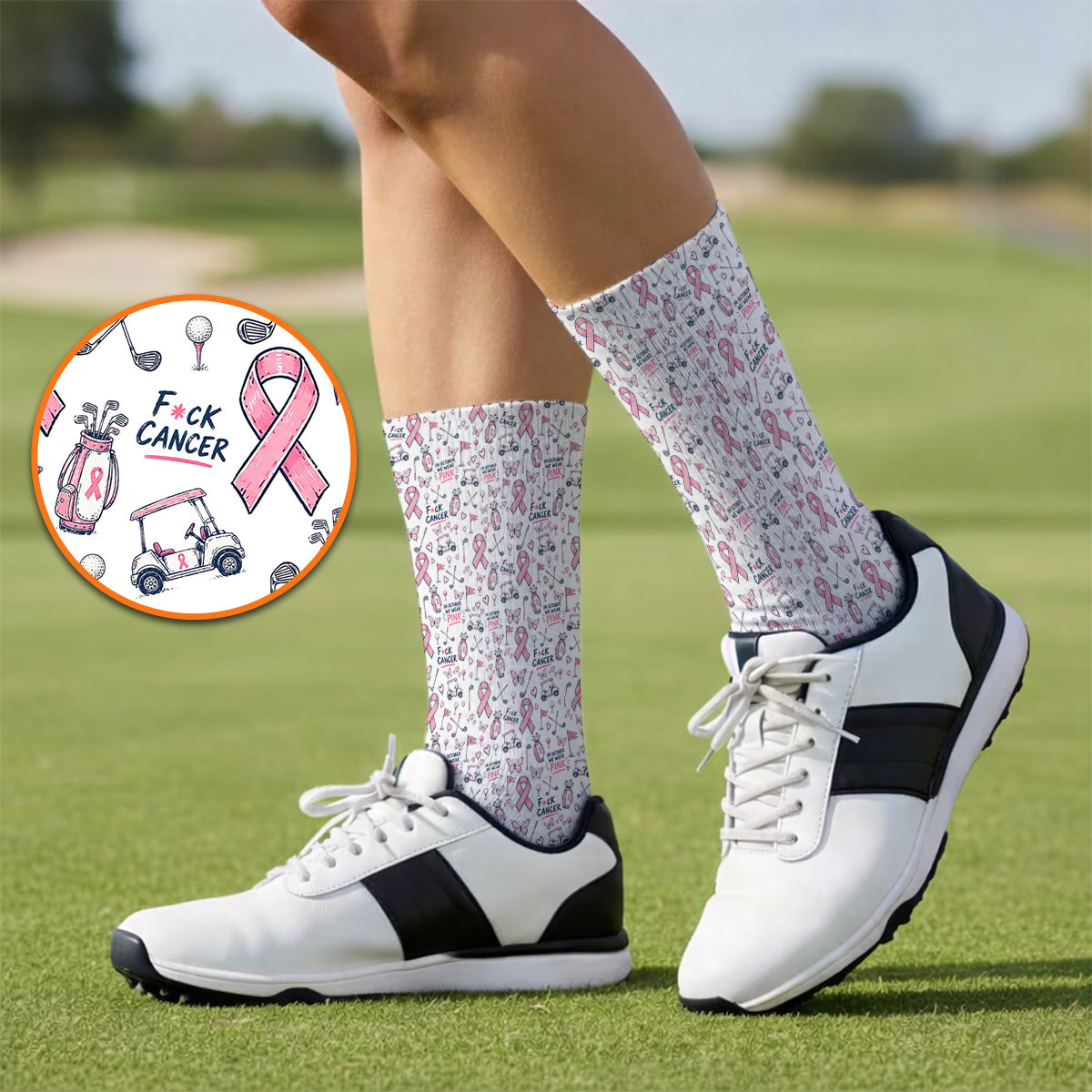 Fight Cancer Golf Socks, Pink Ribbon Golf Cart Pattern Sock, Breast Cancer Awareness Gift for Golfers
