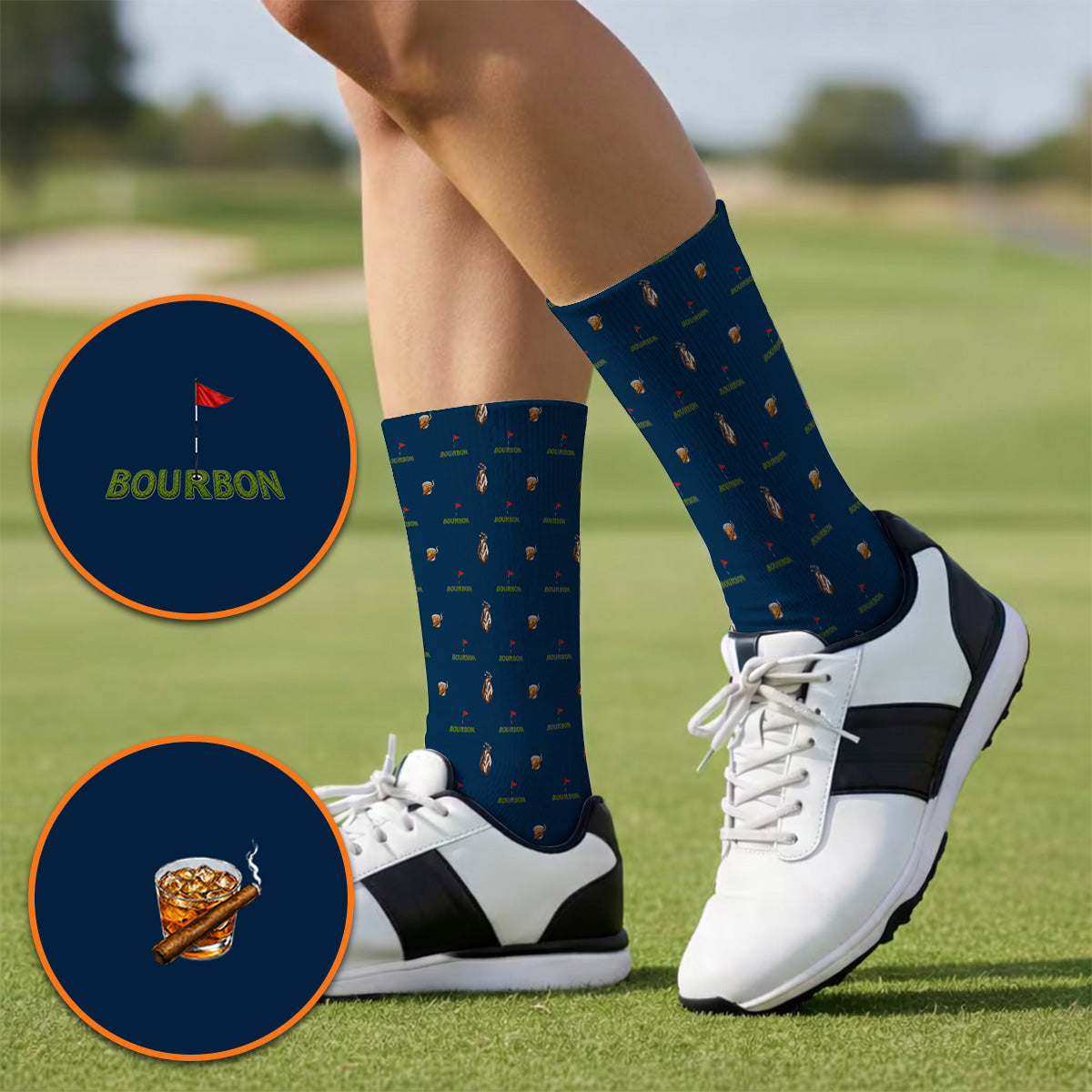 Bourbon & Cigar Golf Socks, Whiskey Golf Pattern Sock, Funny Bourbon Gift For Golfers