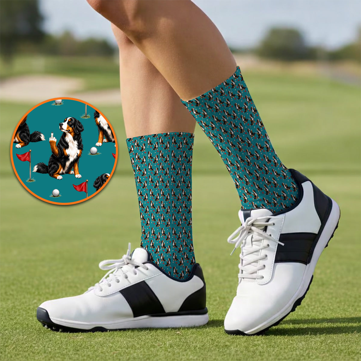 Bernese Mountain Dog Golf Pattern Socks, Bernese Golf Sock, Funny Dog Lover Golf Gift
