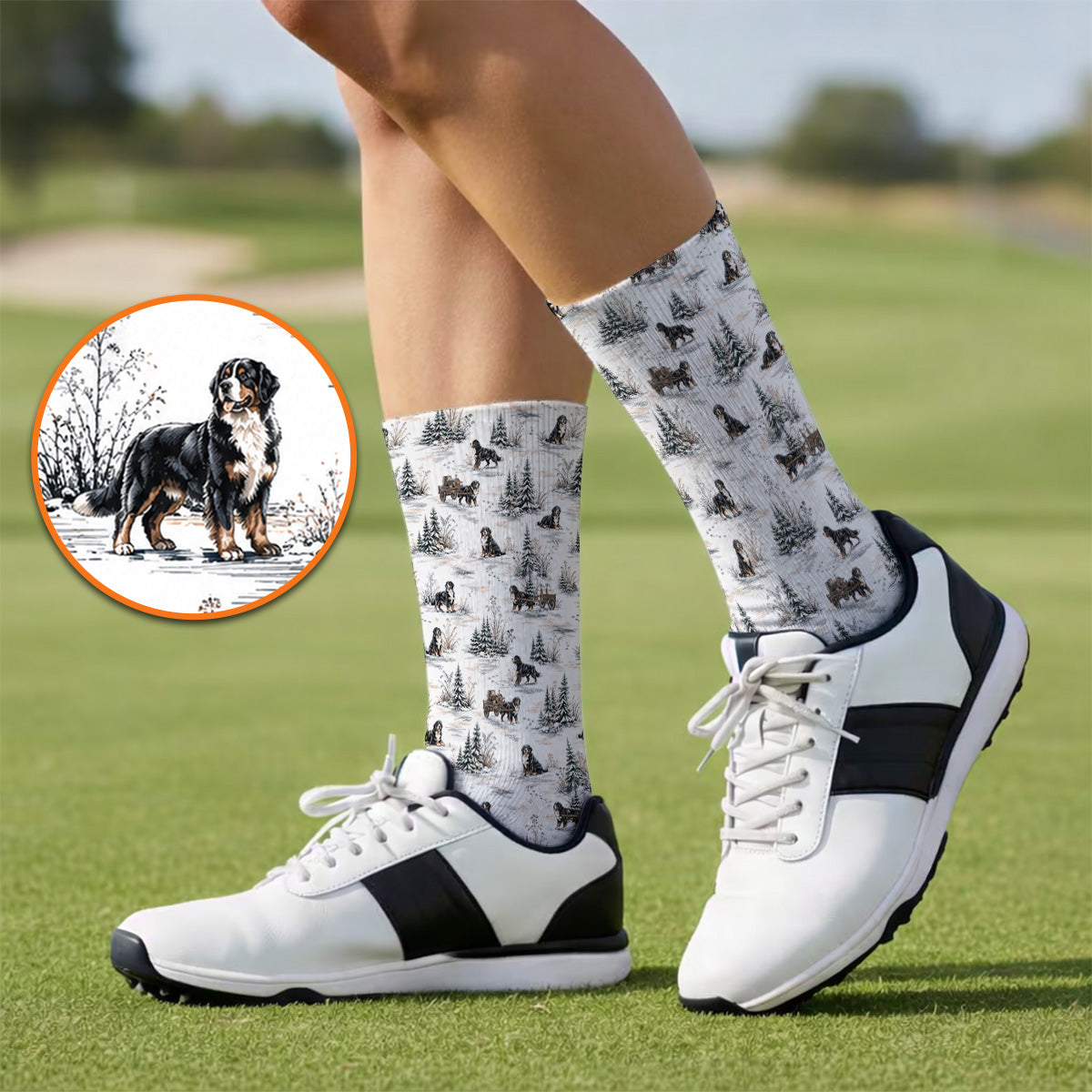 Bernese Mountain Pattern Golf Socks, Snowy Bernese Dog Golf Sock, Dog Lover Golf Gift
