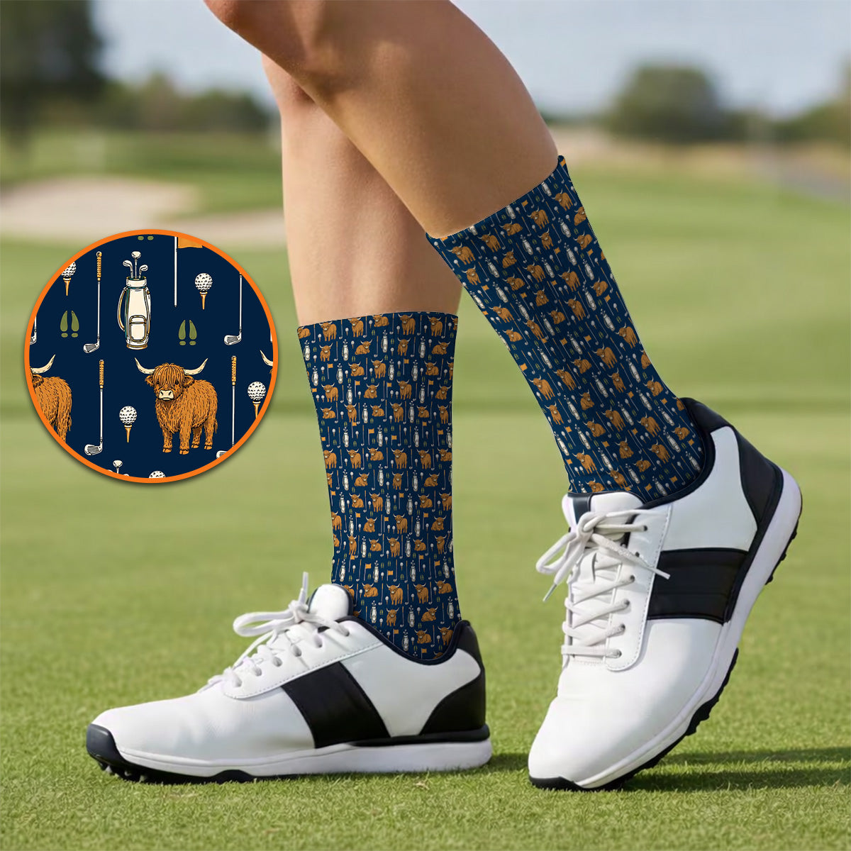 Highland Cow Fairway Socks, Highland Cow Golf Pattern Sock, Golf Gift For Golfer