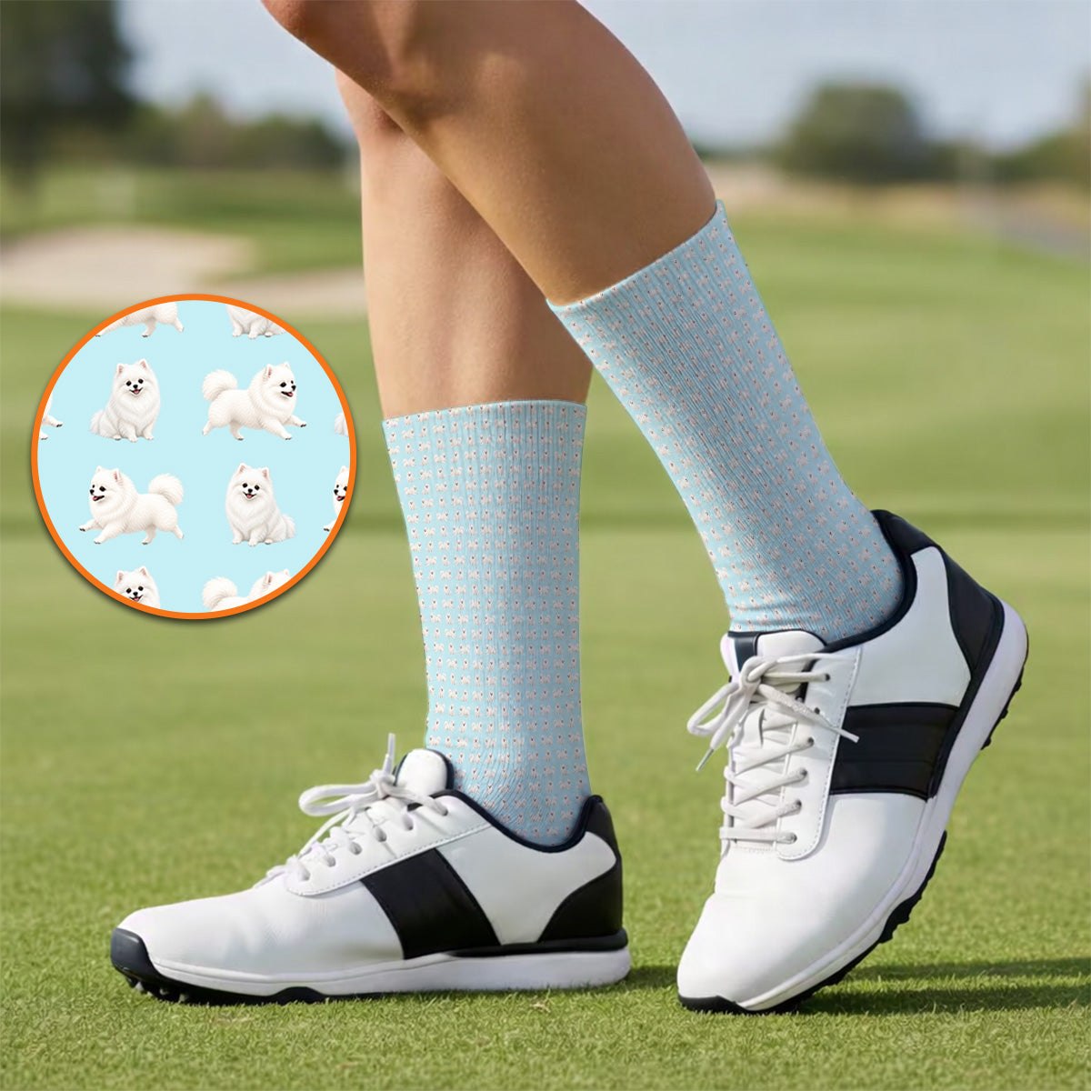 White Pomeranian Pattern Golf Socks, Cute Pomeranian Dog Golf Sock, Crazy Golf Gift For Golfer