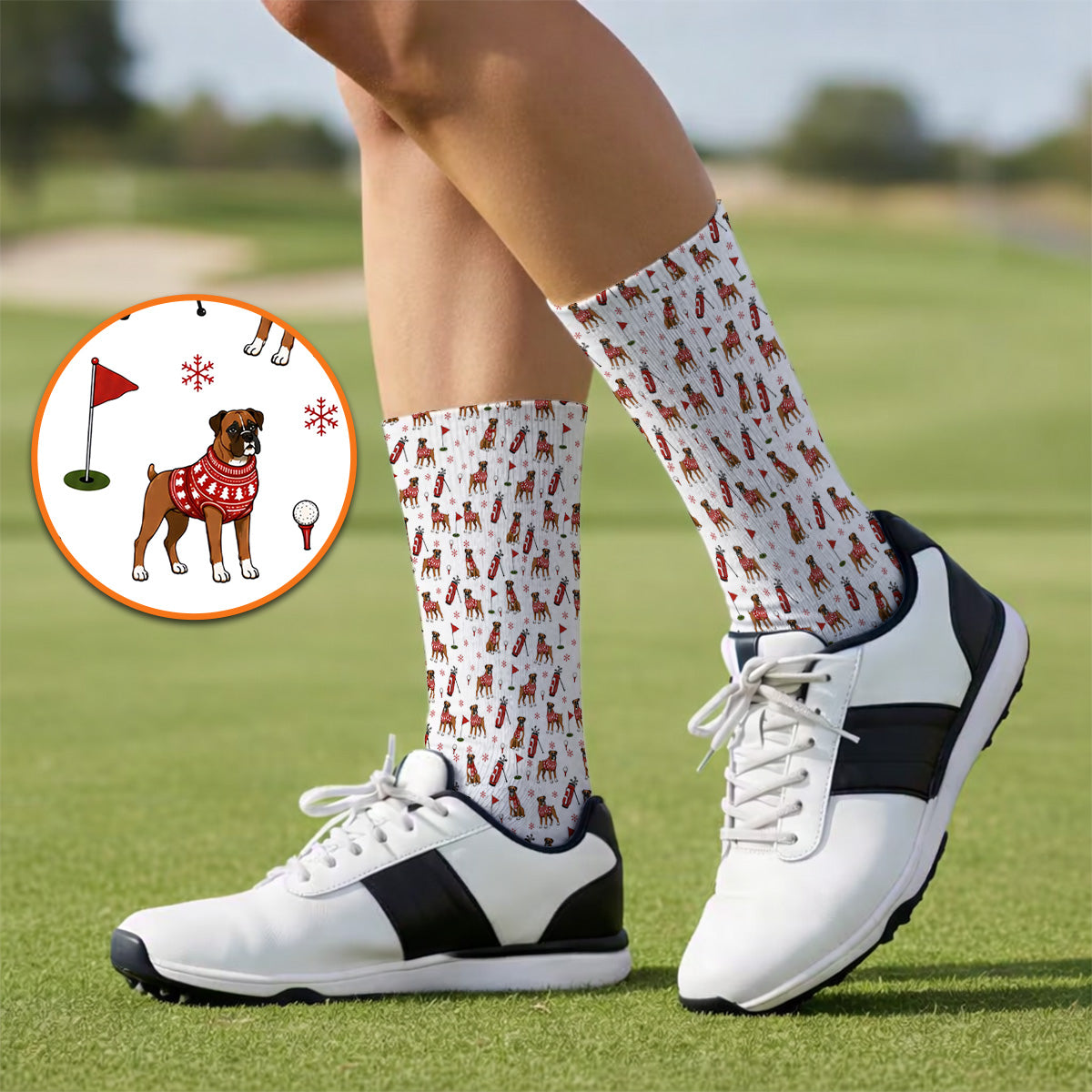Boxer Christmas Golf Polos, Holiday Dog Pattern Golf Shirt, Festive Golf Gift for Golfers
