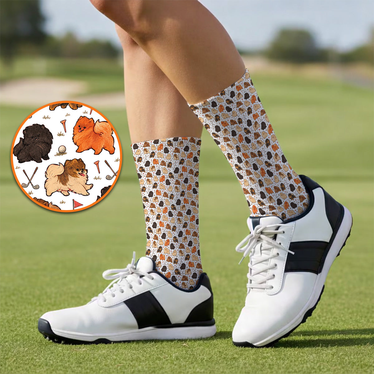 Funny Pomeranian Golf Socks, Pom Dog & Golf Pattern Sock, Golf Gift For Golfer