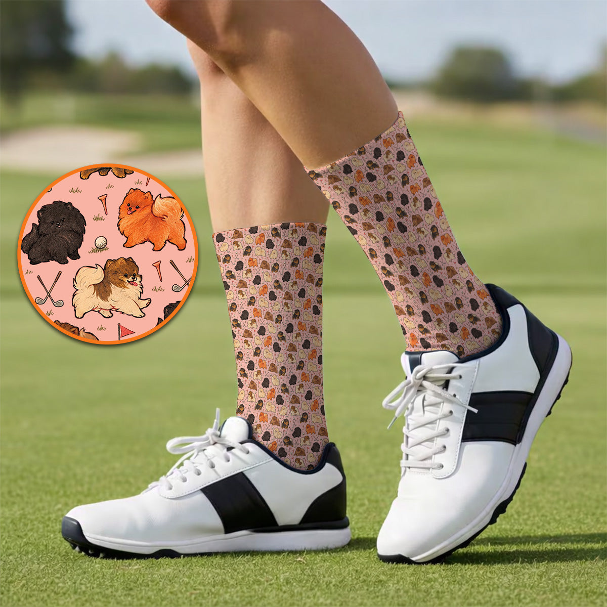 Funny Pomeranian Golf Socks, Pom Dog & Golf Pattern Sock, Golf Gift For Golfer