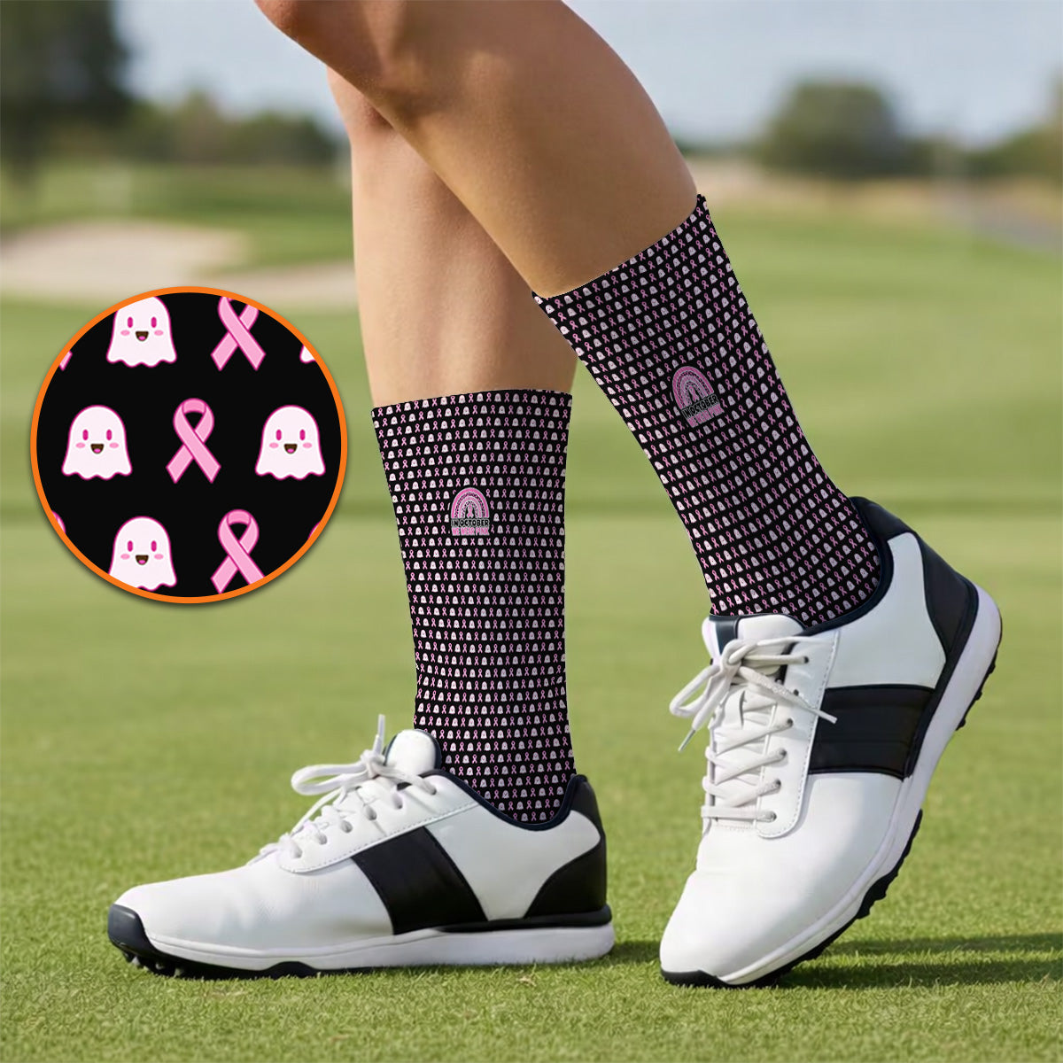 Breast Cancer Awareness Golf Socks, In October We Wear Pink Pattern Golf Sock, Pink Ribbon Golf Gift for Breast Cancer Support