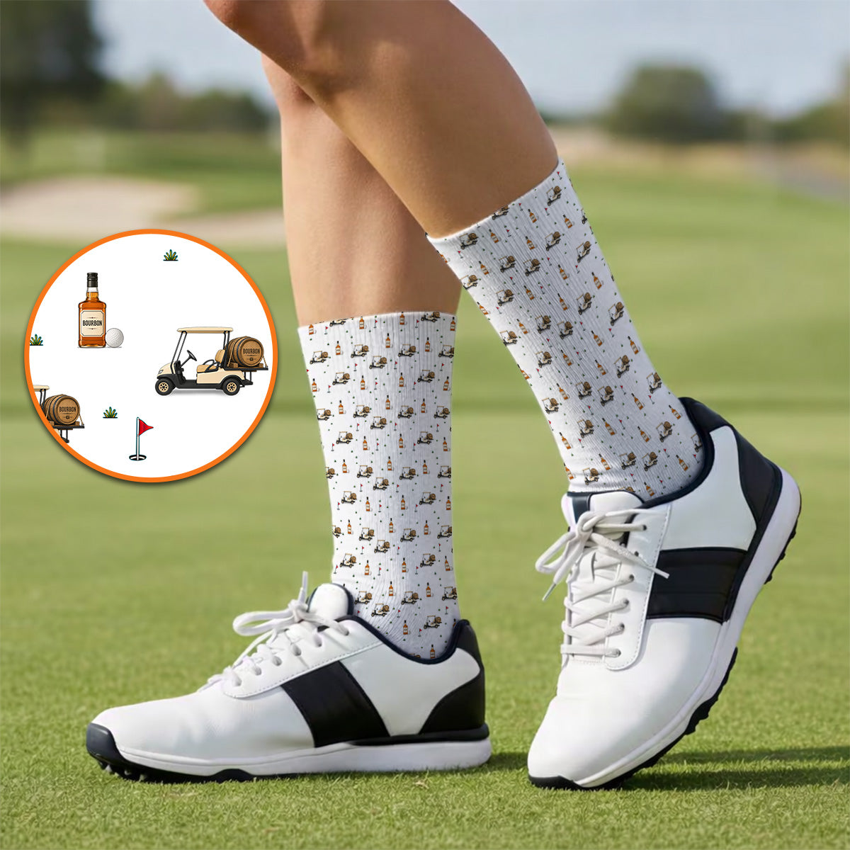 Bourbon Cart Golf Socks, Whiskey Barrel & Golf Course Pattern Sock, Funny Golf Gift For Golfer