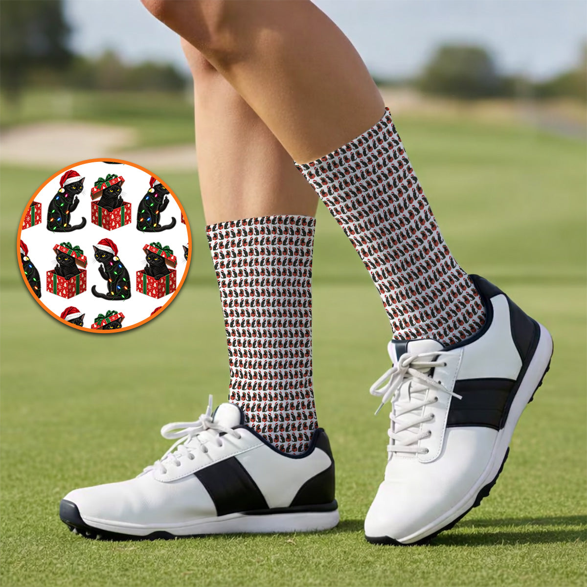 Black Cat Christmas Pattern Golf Socks, Funny Christmas Cat Golf Sock, Holiday Gift for Cat Lovers