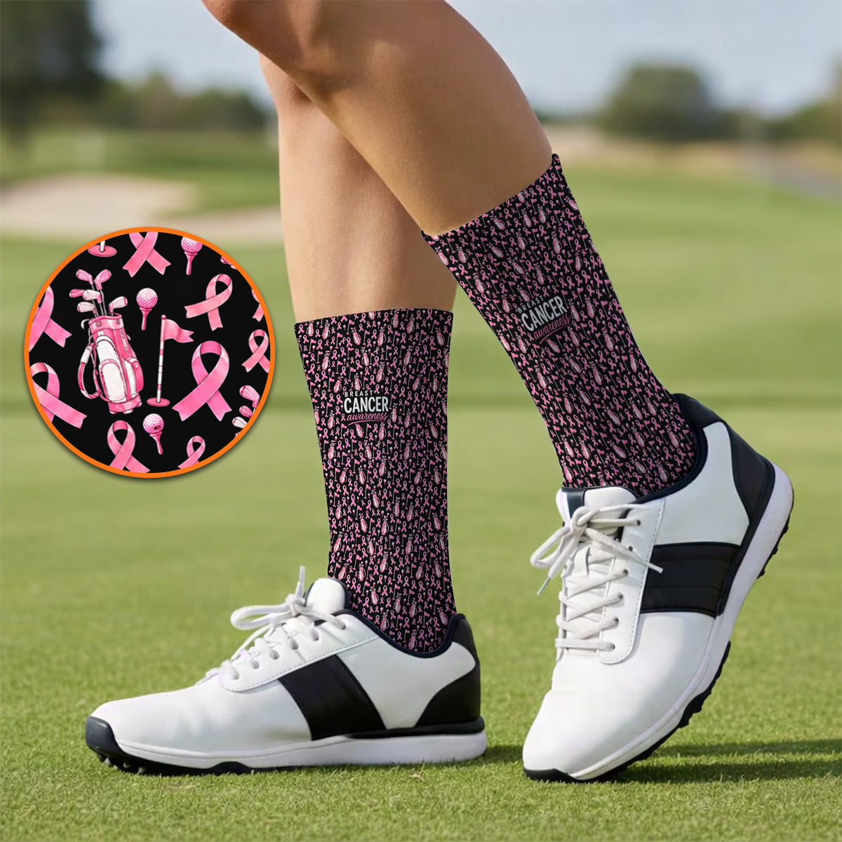 Breast Cancer Awareness Golf Socks, Pink Ribbon Golf Bag Pattern Sock, October Golf Gift for Golfer