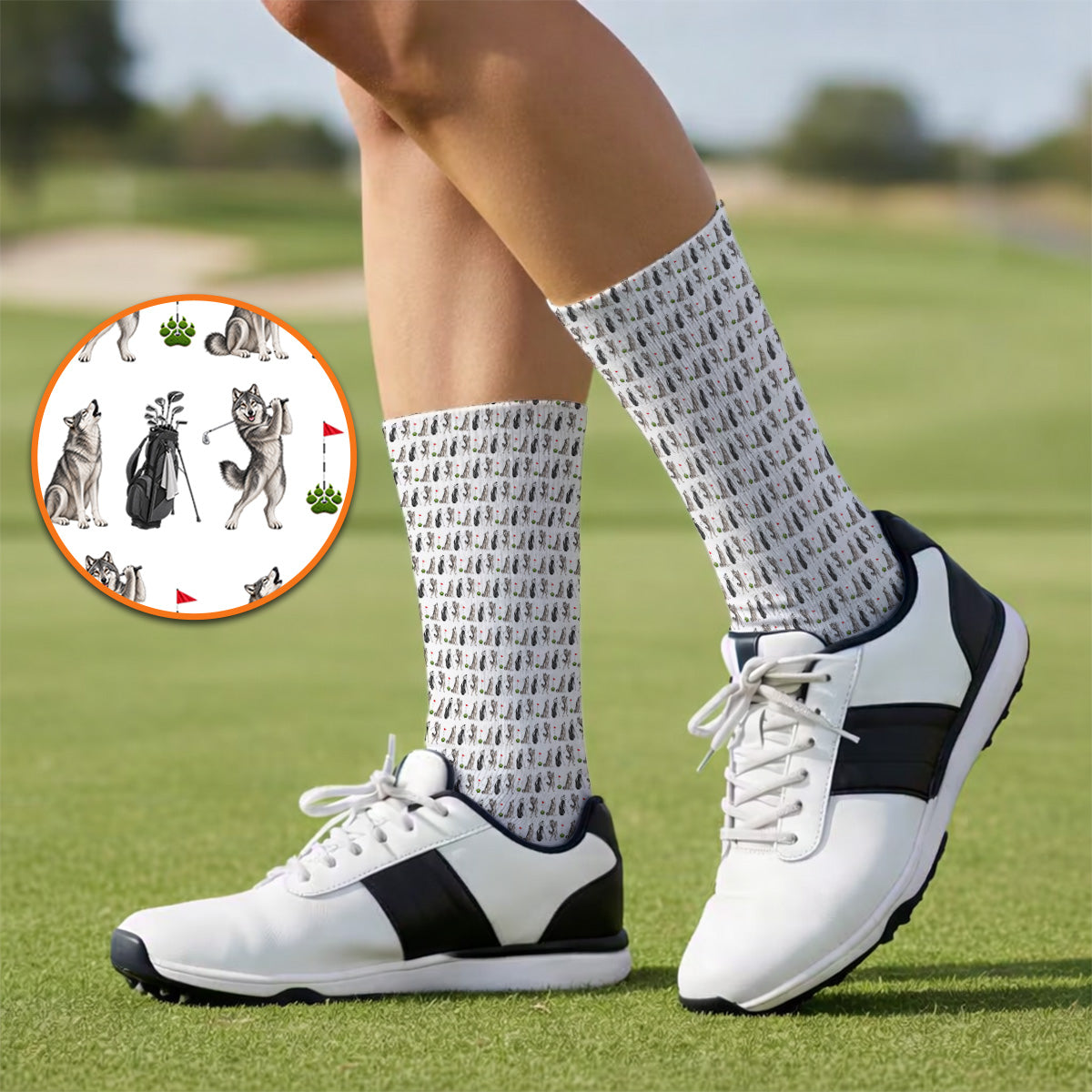 Wolf Golf Socks, Funny Wolf Golf Pattern Sock, Wildlife Lover Golf Gift for Golfer