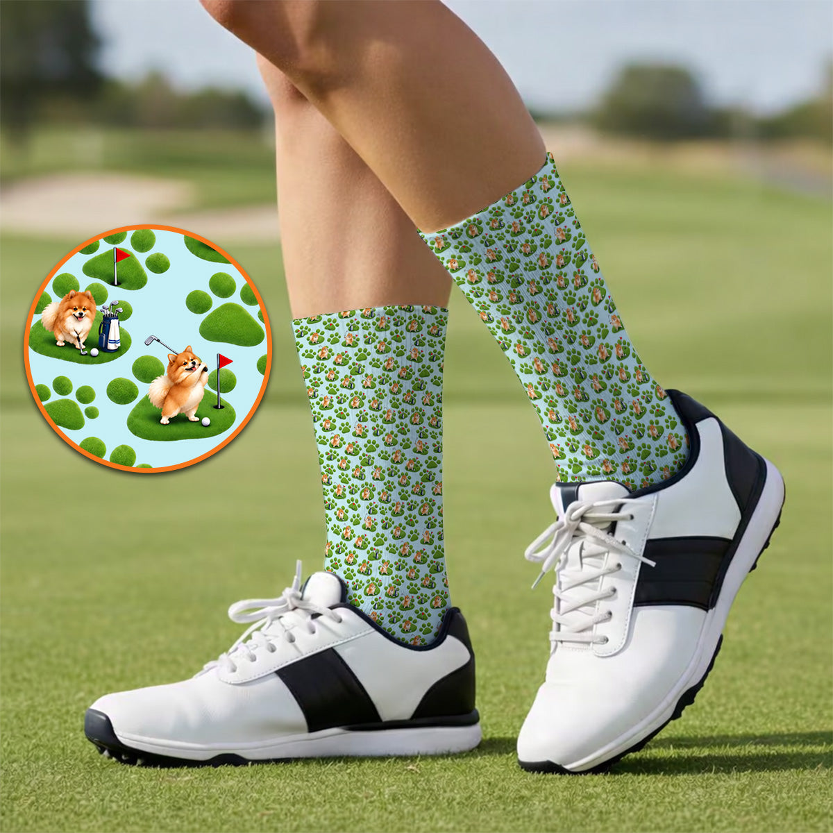 Pomeranian Paw Pattern Golf Socks, Cute Fluffy Pom Dog Pattern Golf Sock, Crazy Golf Gift For Golfers