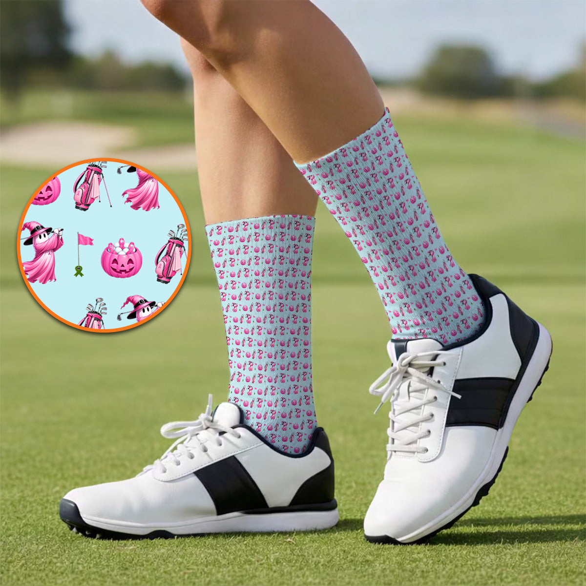 Pink Pumpkin Swing Breast Cancer Awareness Golf Socks, Halloween Golf & Pink Ribbon Pattern Sock, October Golf Gift For Golfer