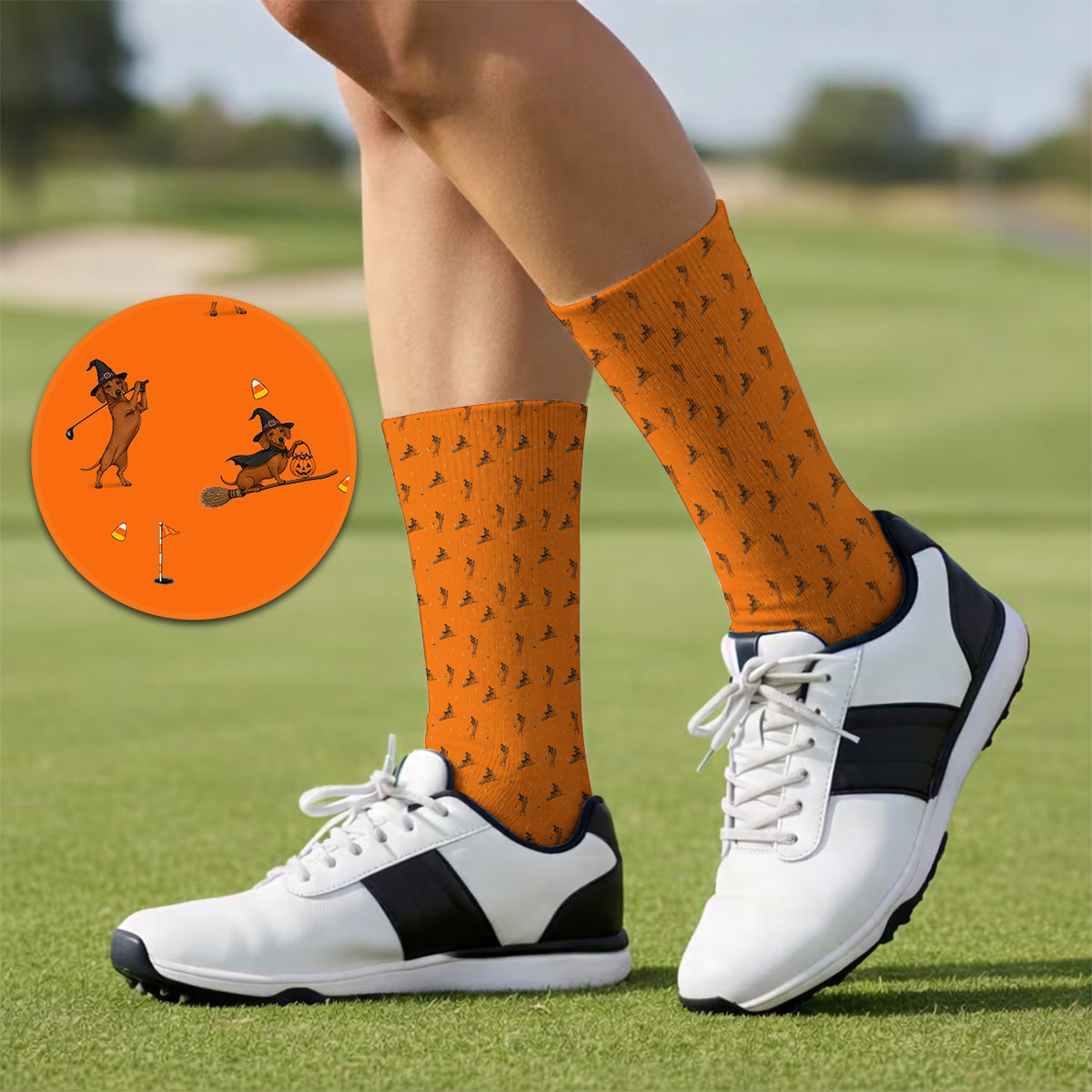 Funny Witch Dachshund Golf Sock, Halloween Wiener Dog Pattern Golf Socks, Golf Gift for Golfer