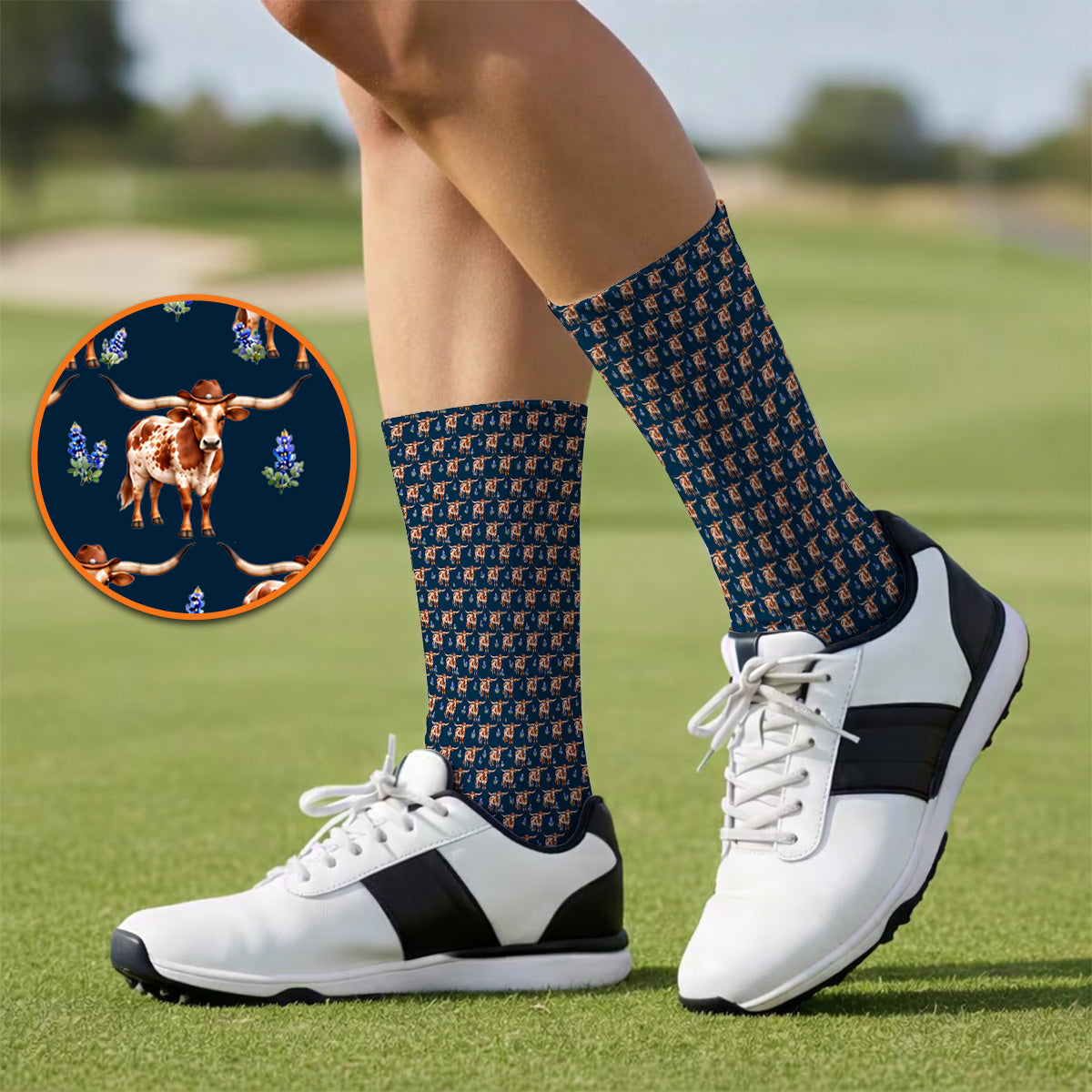 Crazy Texas Golf Socks, Western Cowboy Longhorn Patatern Golf Sock, Texas Bluebonnet Golf Gift For Golfers