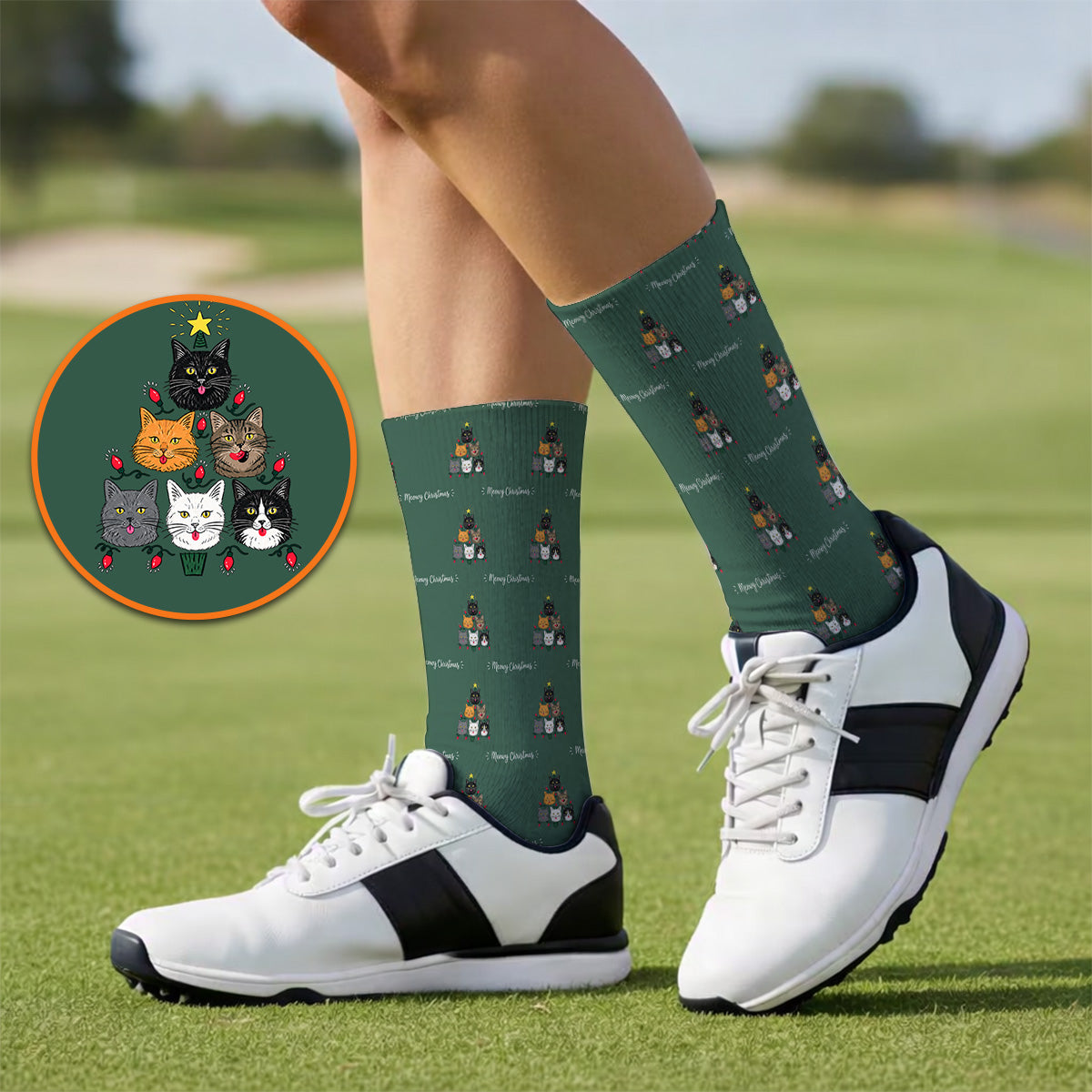 Meowy Christmas Cat Golf Socks, Festive Cat Christmas Pattern Golf Sock, Xmas Golf Gift For Cat Lovers