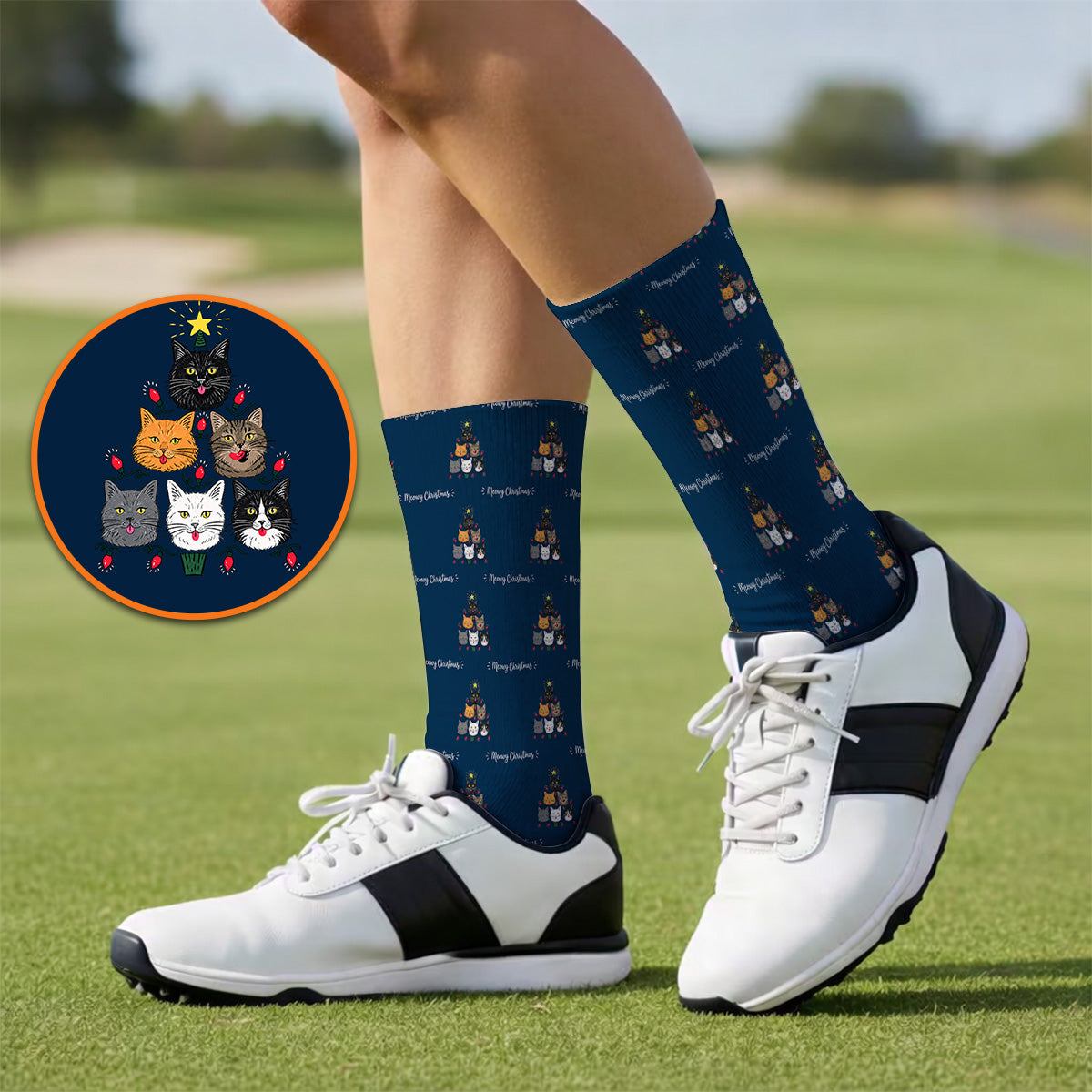 Meowy Christmas Cat Golf Socks, Festive Cat Christmas Pattern Golf Sock, Xmas Golf Gift For Cat Lovers