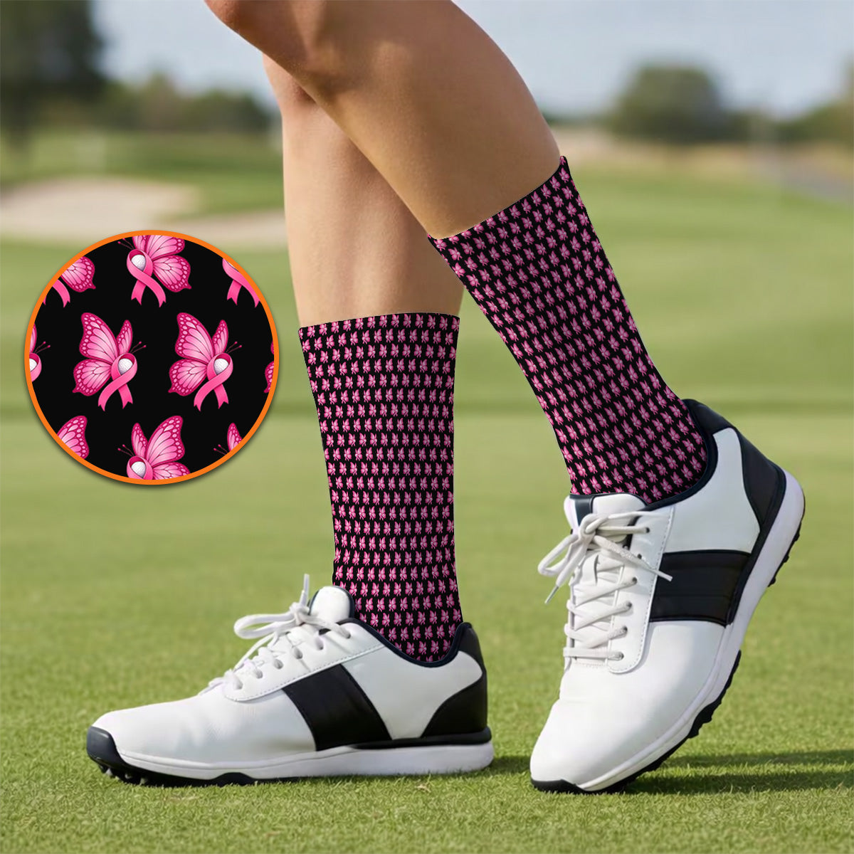 Breast Cancer Awareness Golf Socks, Pink Ribbon Butterfly Golf Sock for Golf Lovers, Support Cancer Awareness Golf Gift