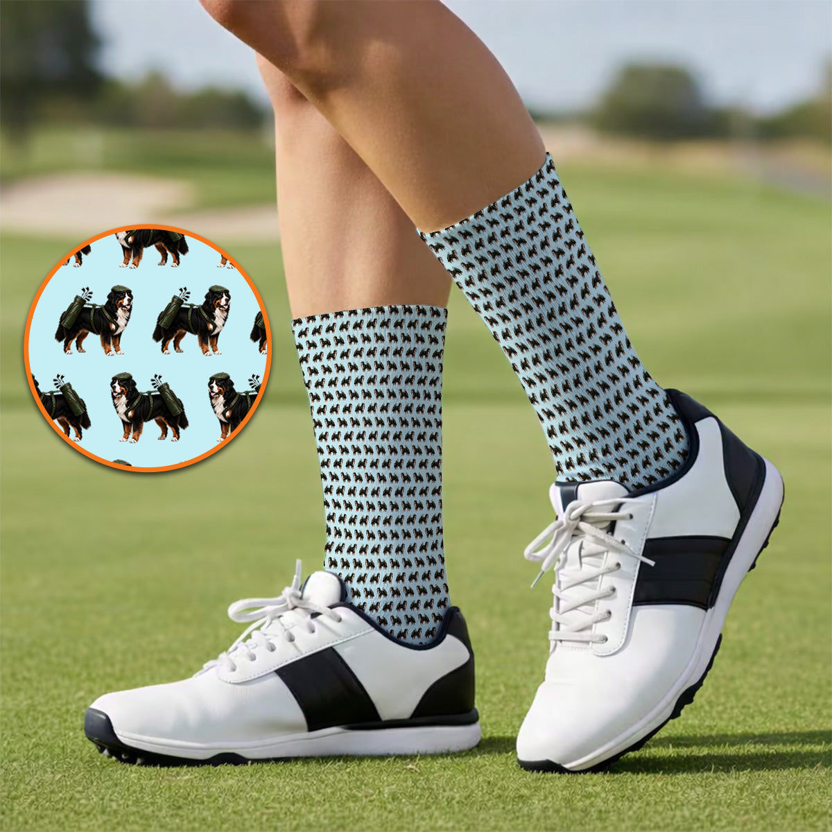 Funny Bernese Mountain Golf Pattern Socks, Bernese Golf Sock For Dog Lover, Golf Gift For Golfer