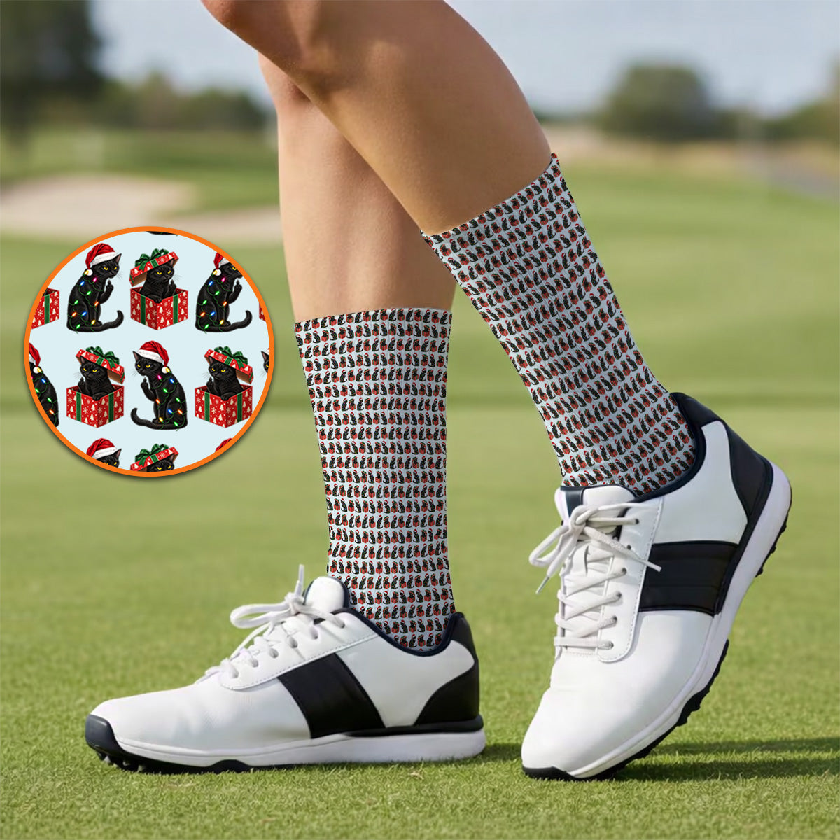 Black Cat Christmas Pattern Golf Socks, Funny Christmas Cat Golf Sock, Holiday Gift for Cat Lovers