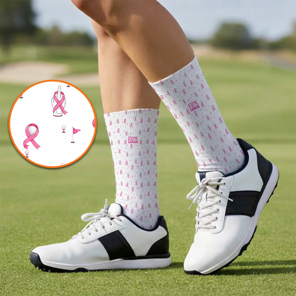 Pink Ribbon Golf Socks, Breast Cancer Awareness Pattern Golf Sock, Supportive Golfer Gift for Golfer