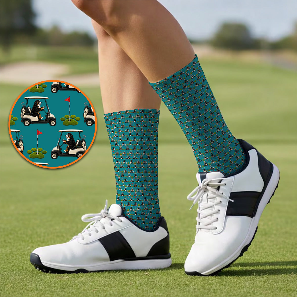 Bernese Mountain Golf Cart Pattern Socks, Funny Bernese Golf Sock, Golf Gift For Golfer
