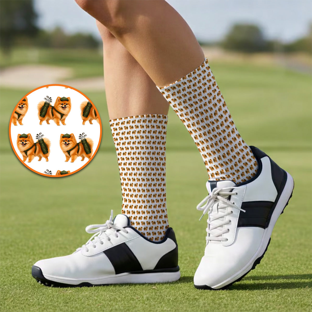 Golden Pomeranian Pattern Golf Socks, Cute Pomeranian Dog Golf Sock, Funny Golf Gift For Golfer