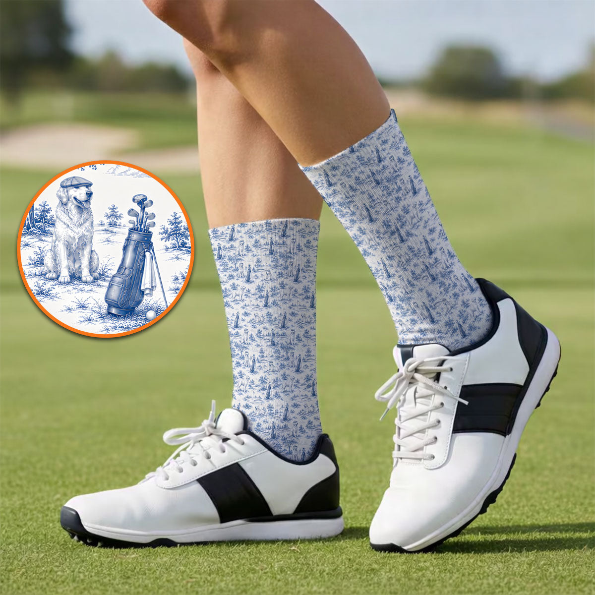 Golden Retriever Golf Sock, Toile De Jouy Golden Pattern Golf Socks, Crazy Golf Gift For Golfer