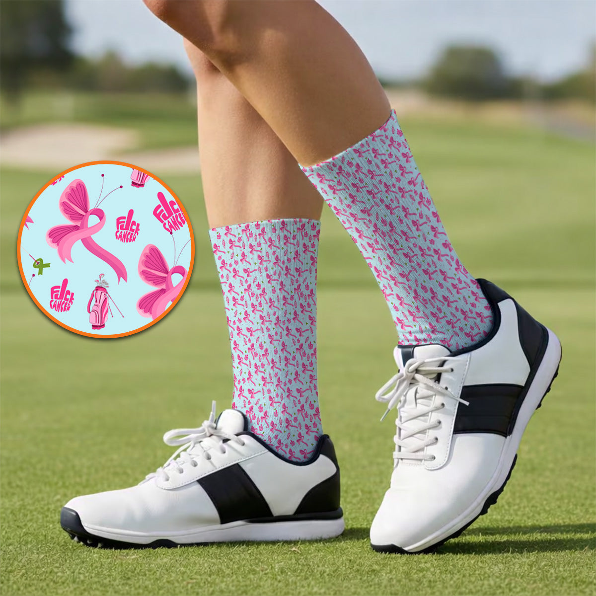 Fight With Every Swing Breast Cancer Awareness Golf Socks, Pink Ribbon & Golf Pattern Sock, Support Gift for Golfers