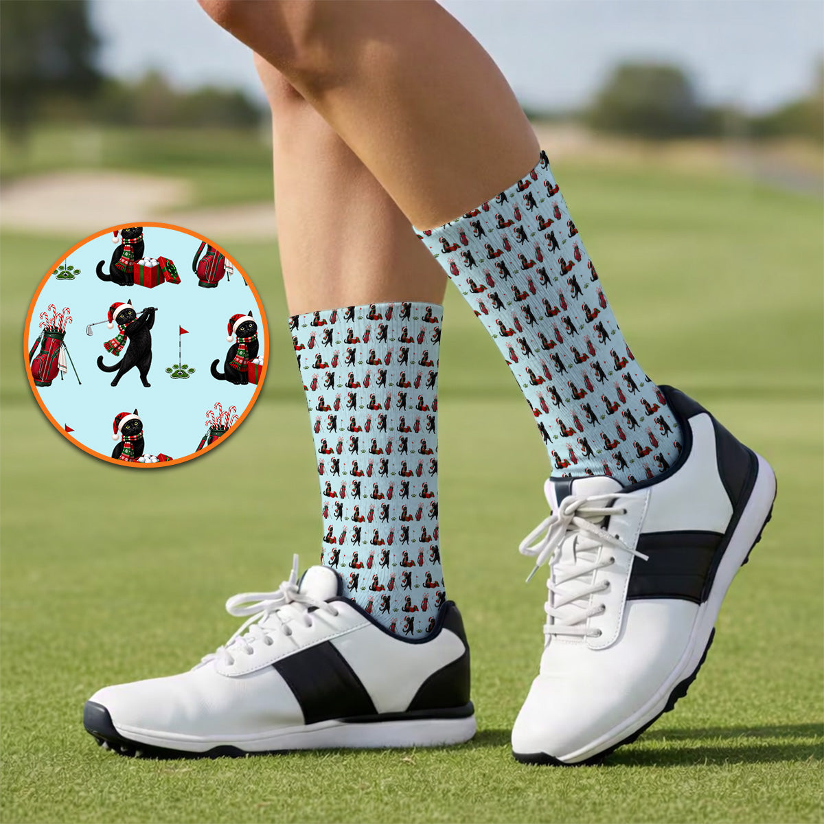 Black Cat Christmas Golf Socks, Festive Cat Patterm Golf Sock, Funny Holiday Golf Gift For Golfer
