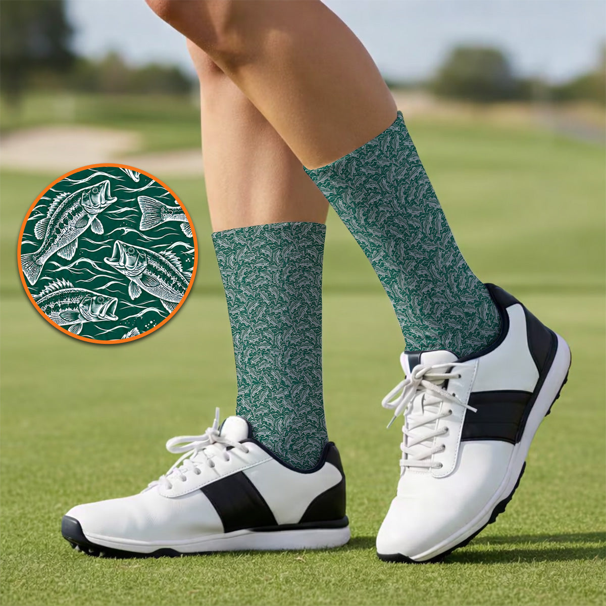 Vintage Bass Fishing Golf Socks, Forest Green Fish & Water Pattern Sock, Golf Apparel Gift for Fishing Lovers