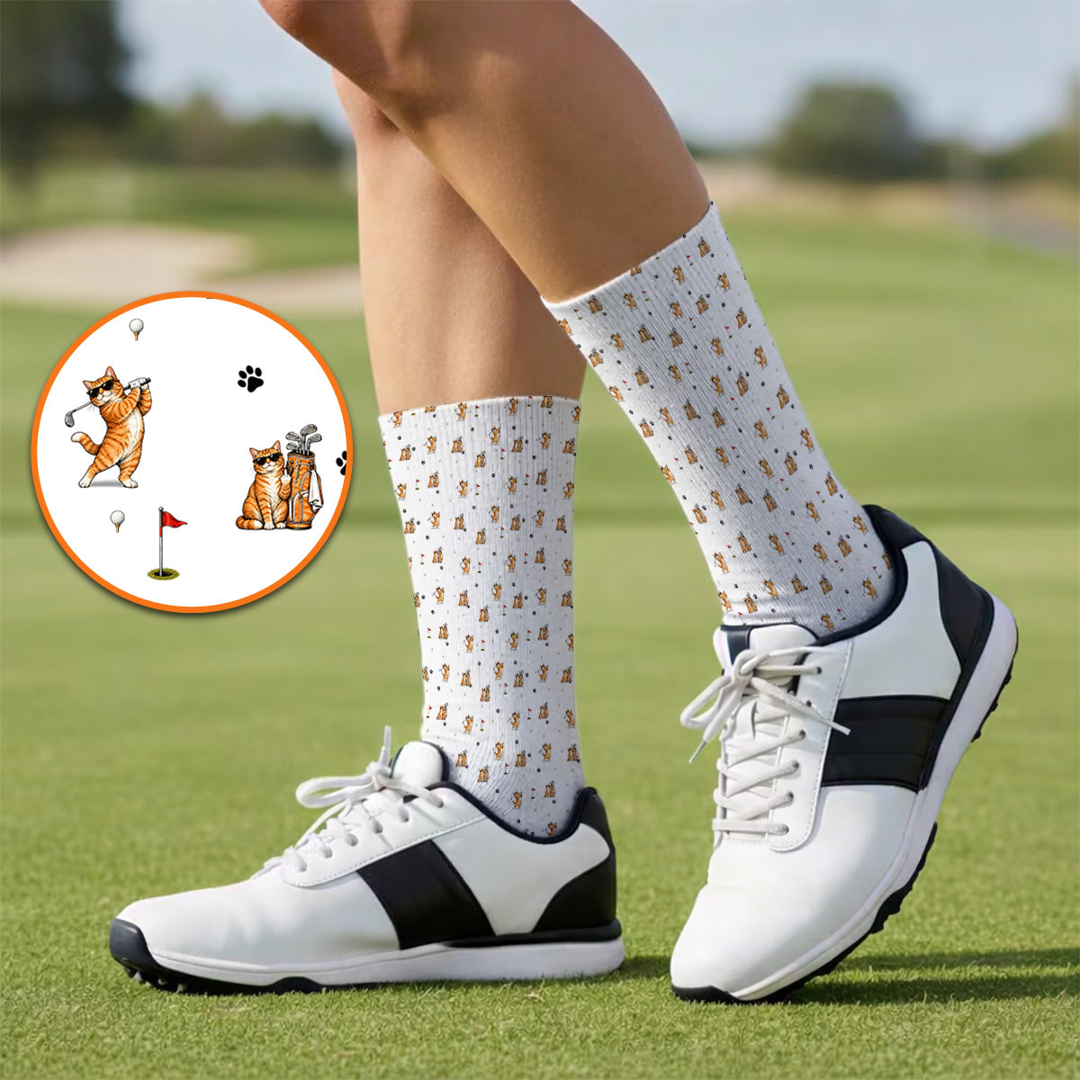 Funny Golf Cat Socks, Orange Tabby Cat Playing Golf Pattern Sock, Golf Gift For Golfers