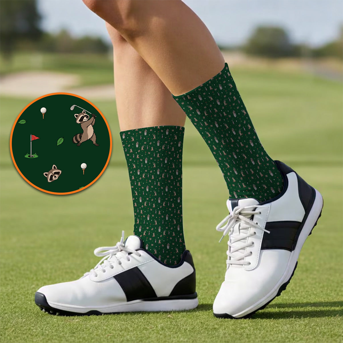 Raccoon Golf Socks, Playful Raccoon Golf Pattern Sock, Funny Animal Golf Footwear for Golfer