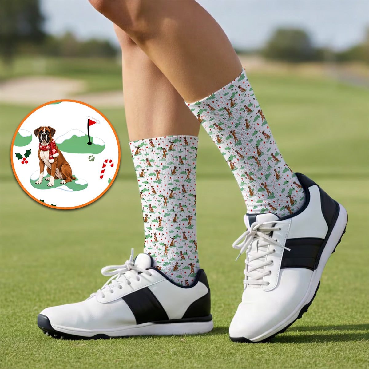 Funny Boxer Christmas Golf Socks, Xmas Boxer Dog Pattern Golf Sock, Golf Gift For Golfer