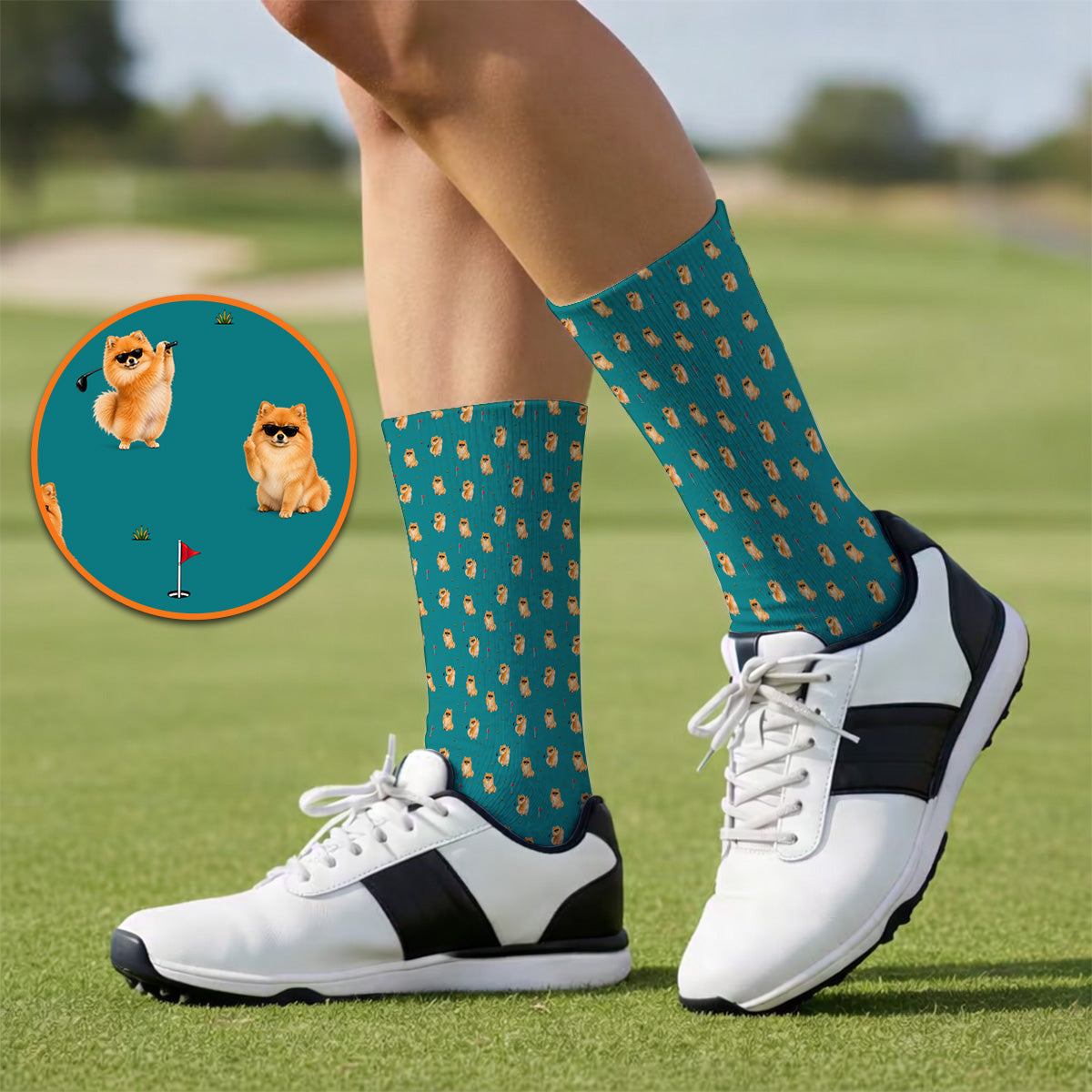 Golden Pomeranian Pattern Golf Socks, Cute Pomeranian Dog Golf Sock, Golf Gift For Golfer