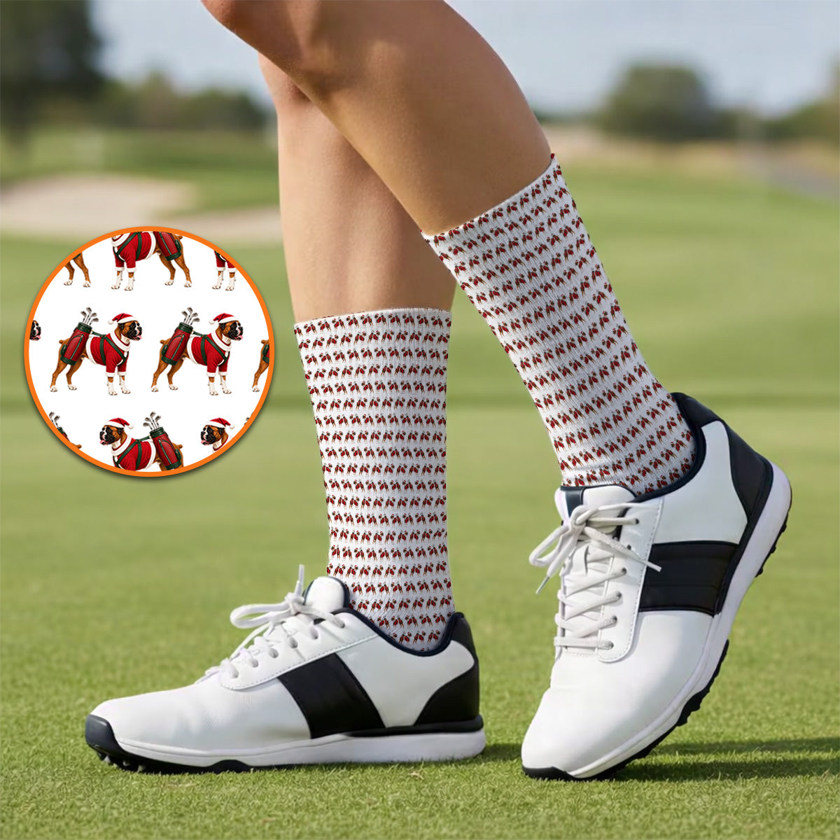 Boxer Dog Christmas Pattern Golf Socks, Santa Boxer Golf Sock, Boxer Lover Holiday Golf Gift For Golfer