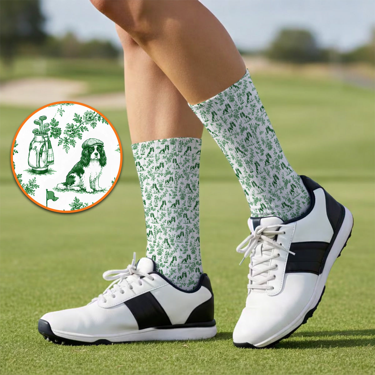 Funny Cavalier King Charles Spaniel Golf Sock, Toile de Jouy Cavalier Pattern Golf Socks, Golf Gift For Golfer