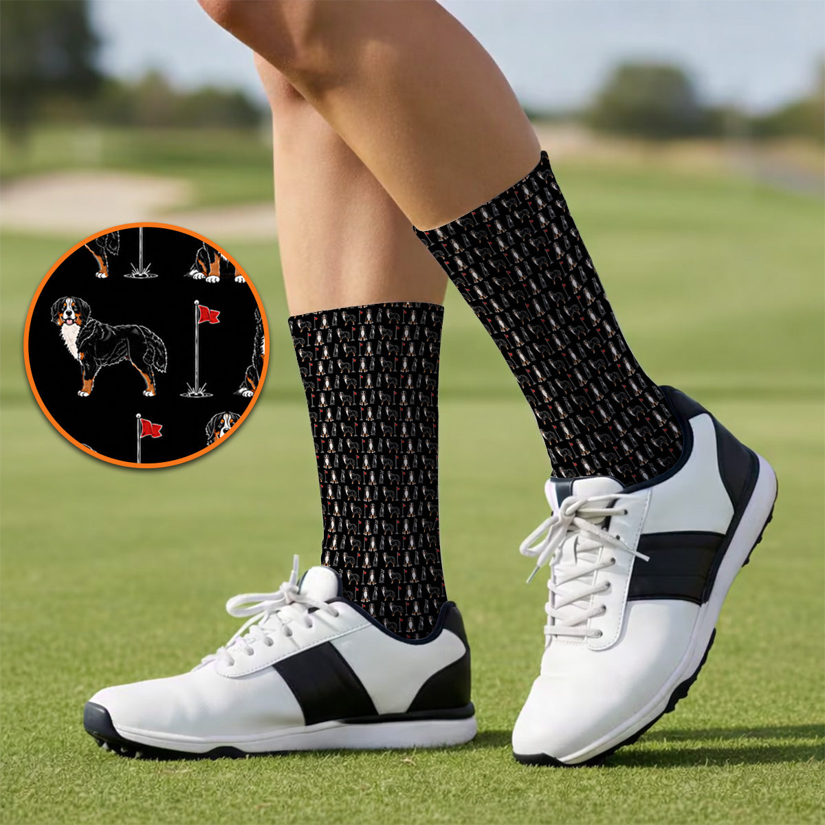 Bernese Mountain Dog Golf Pattern Socks, Funny Bernese Golf Sock, Dog Lover Golf Gift