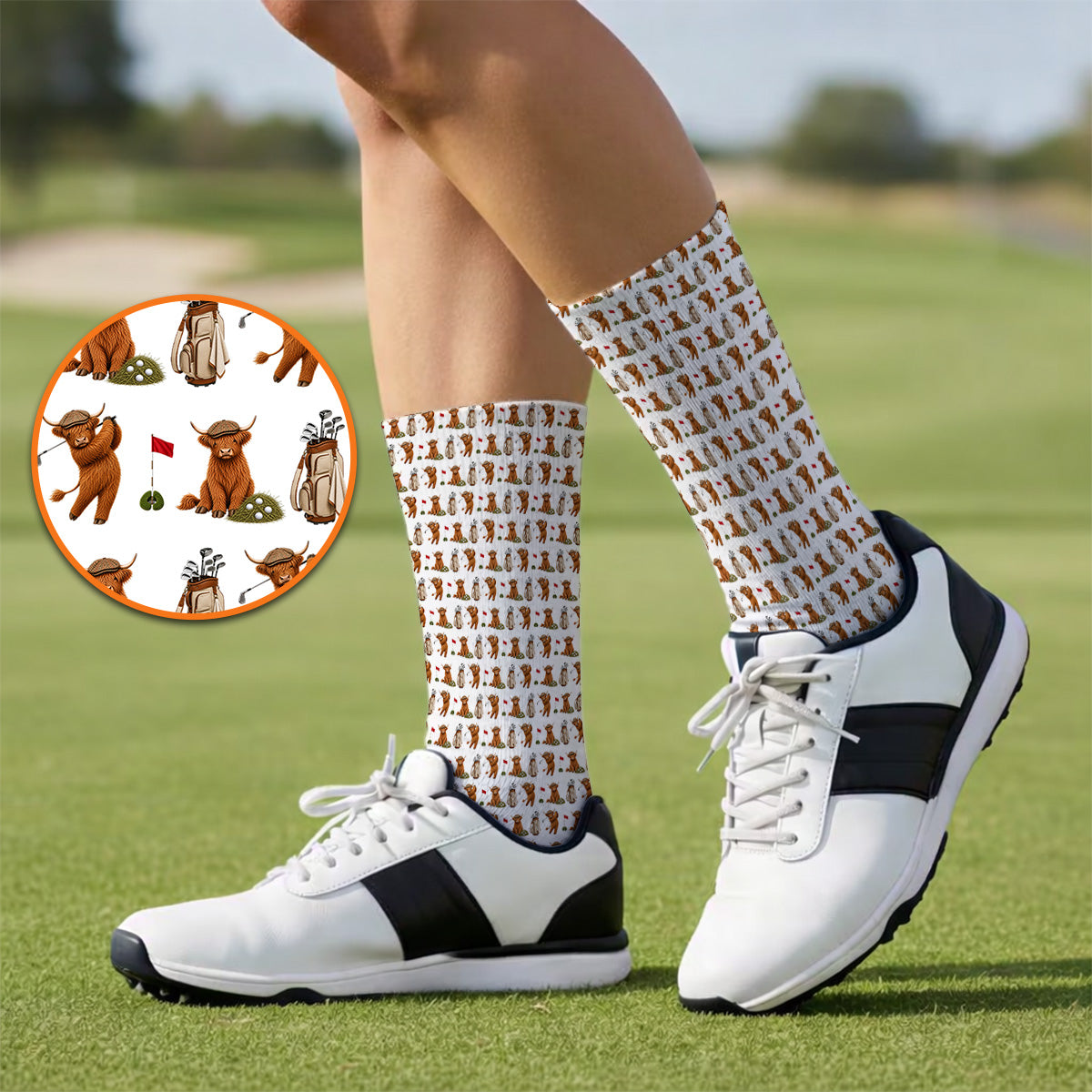 Funny Highland Cow Golf Sock, Highland Cow Pattern Golf Socks, Golf Gift For Golfer