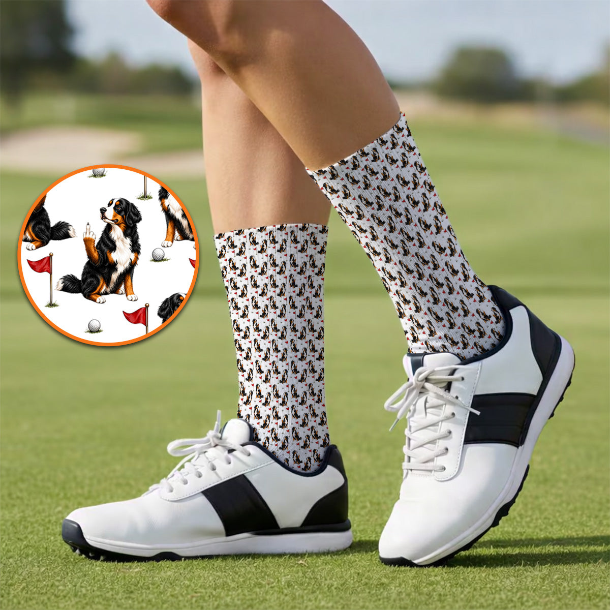 Bernese Mountain Dog Golf Pattern Socks, Bernese Golf Sock, Funny Dog Lover Golf Gift
