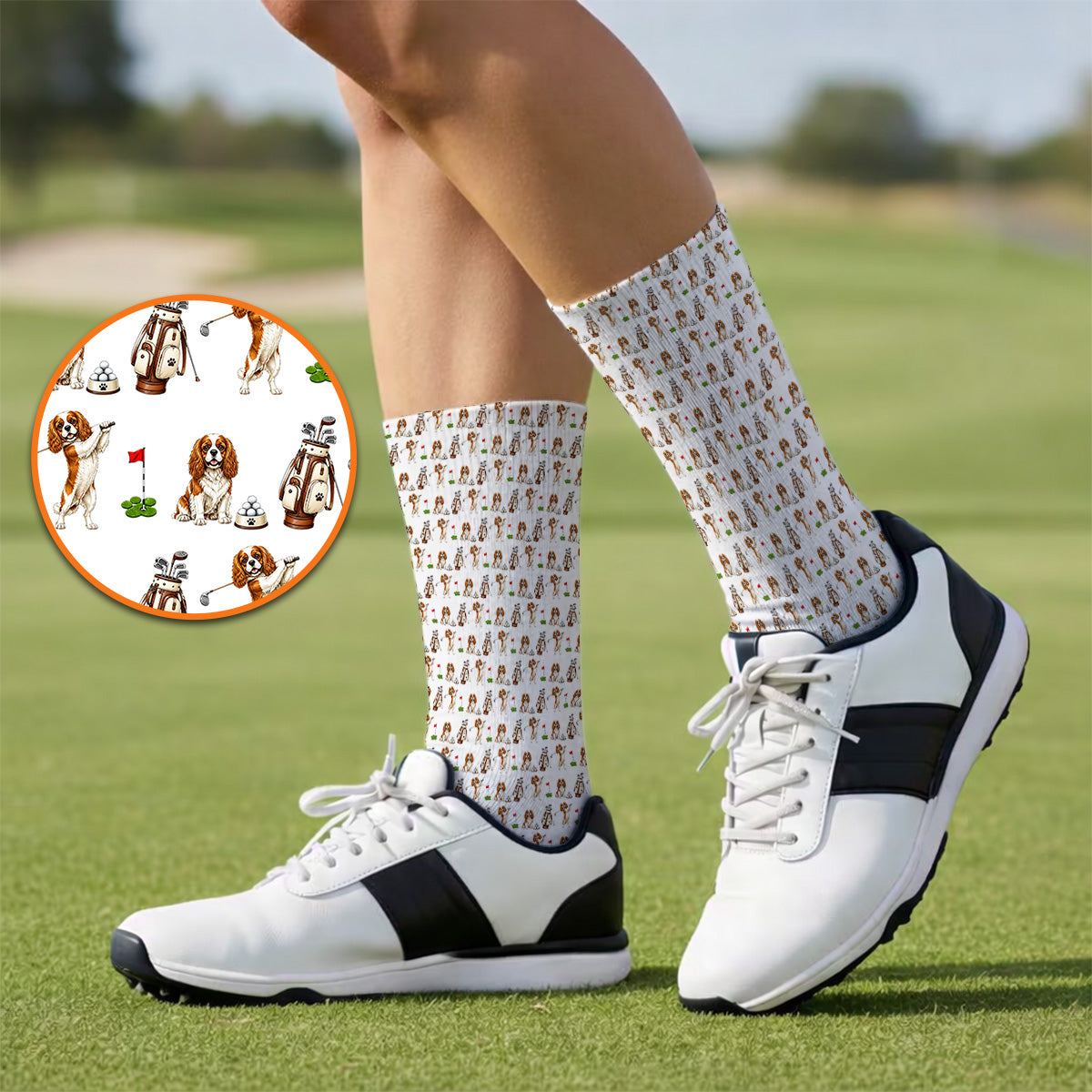 King Charles Cavalier Spaniel Golf Socks For Golfer, King Charles Cavalier Spaniel Pattern Golf Sock, Dog Lover Golf Gift