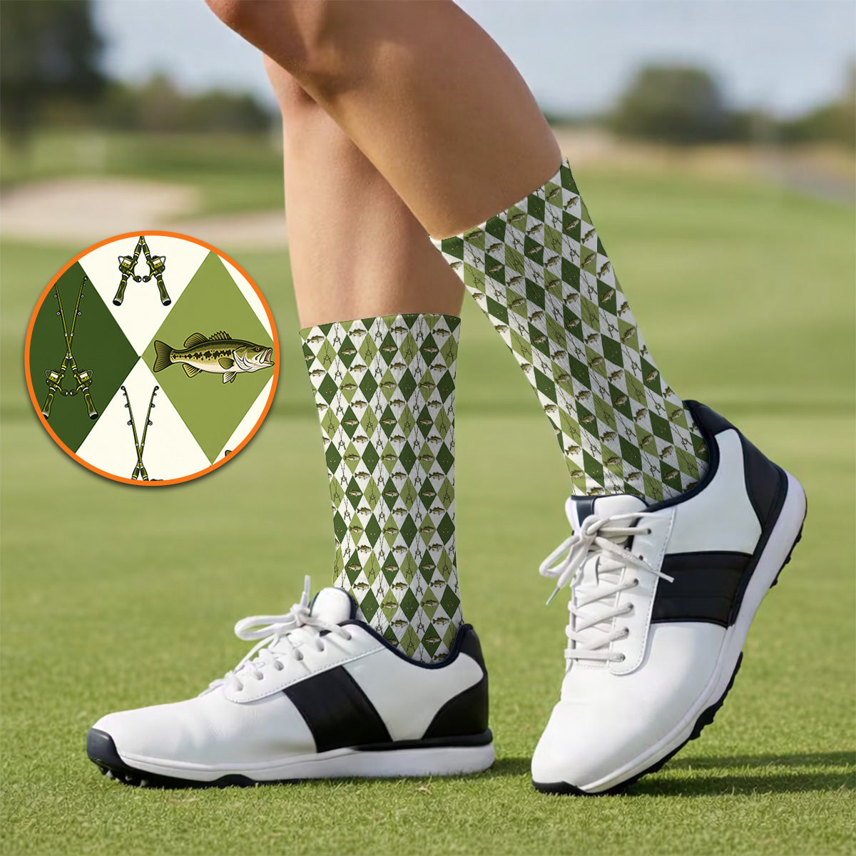 Bass Fishing Golf Socks, Fishing Bass & Rod Pattern Golf Sock, Crazy Golf Gift For Golfers