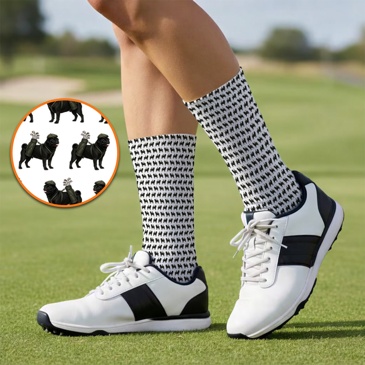 Black Pug Pattern Golf Socks, Funny Pug Golf Sock, Golf Gift For Golfer