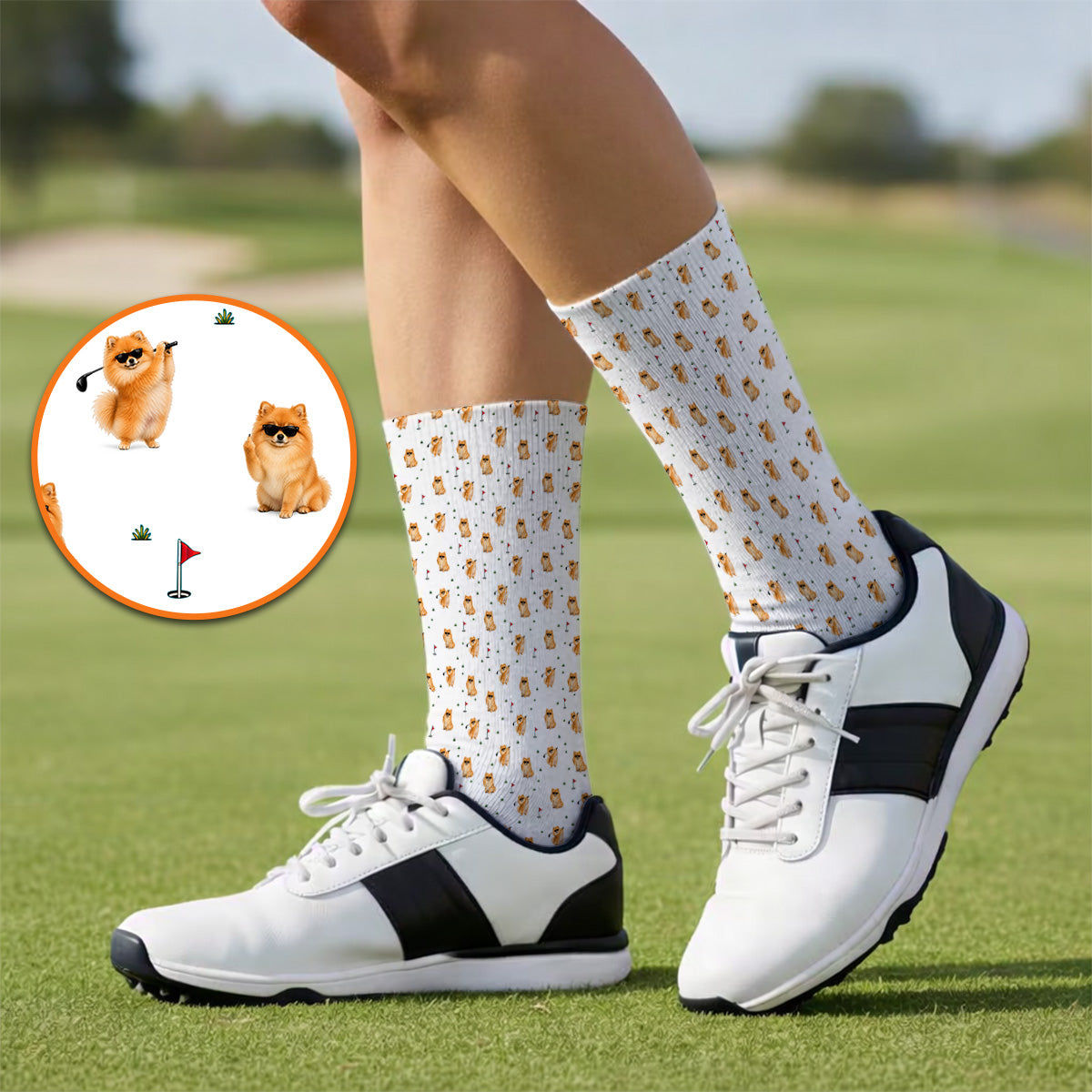 Golden Pomeranian Pattern Golf Socks, Cute Pomeranian Dog Golf Sock, Golf Gift For Golfer
