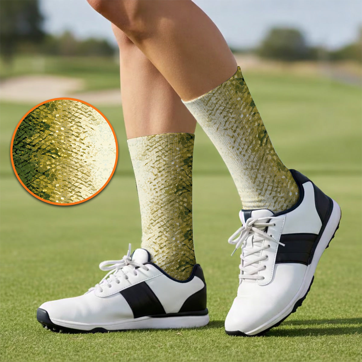 Bass Fishing Pattern Golf Socks, Golden Green Bass Fish Scale Golf Sock, Golf Gift For Fishers
